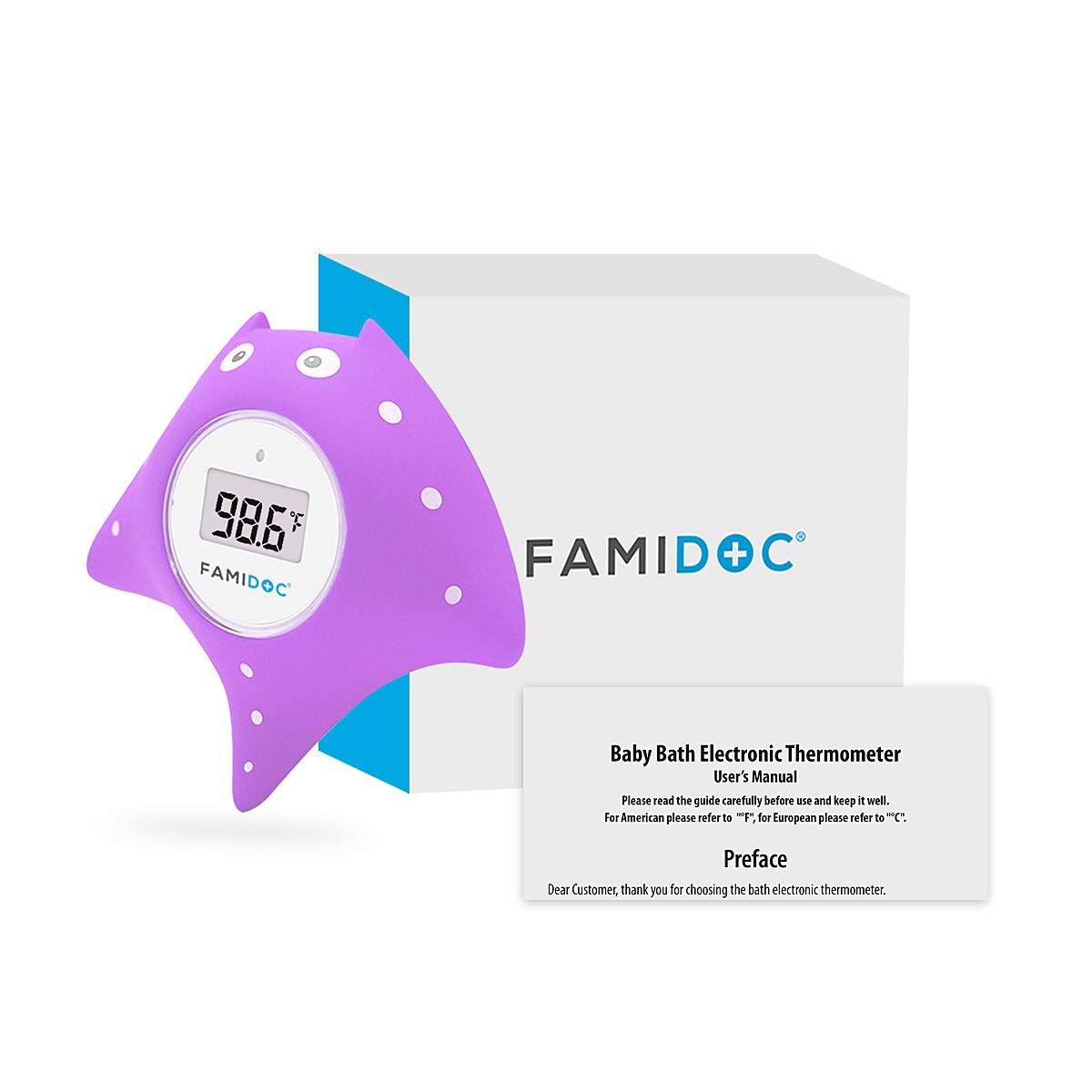Famidoc purple bath thermometer ready to gift or display alongside bath time routines.