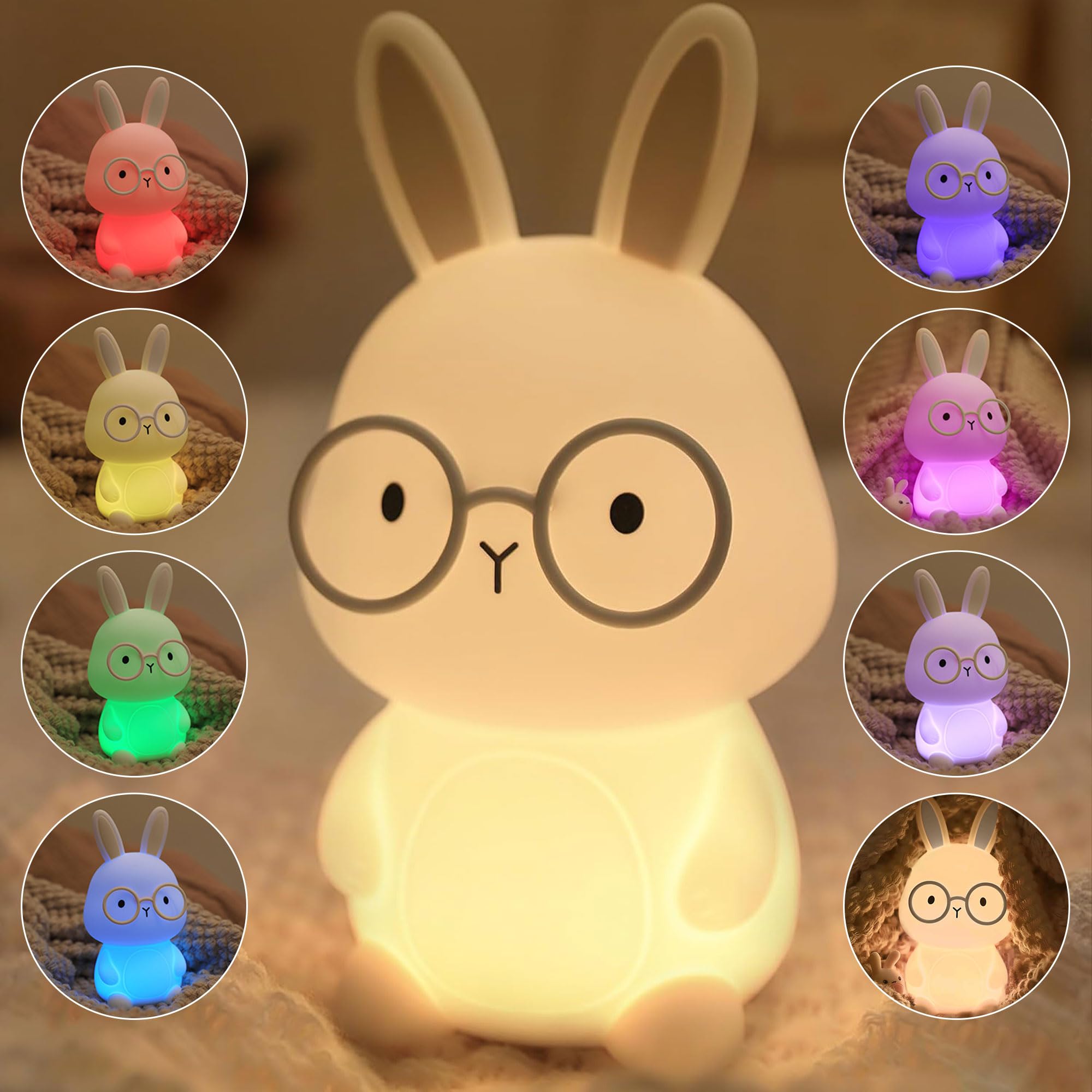 Famiduo bunny night light glowing softly on a kid's bedside table for bedtime comfort.