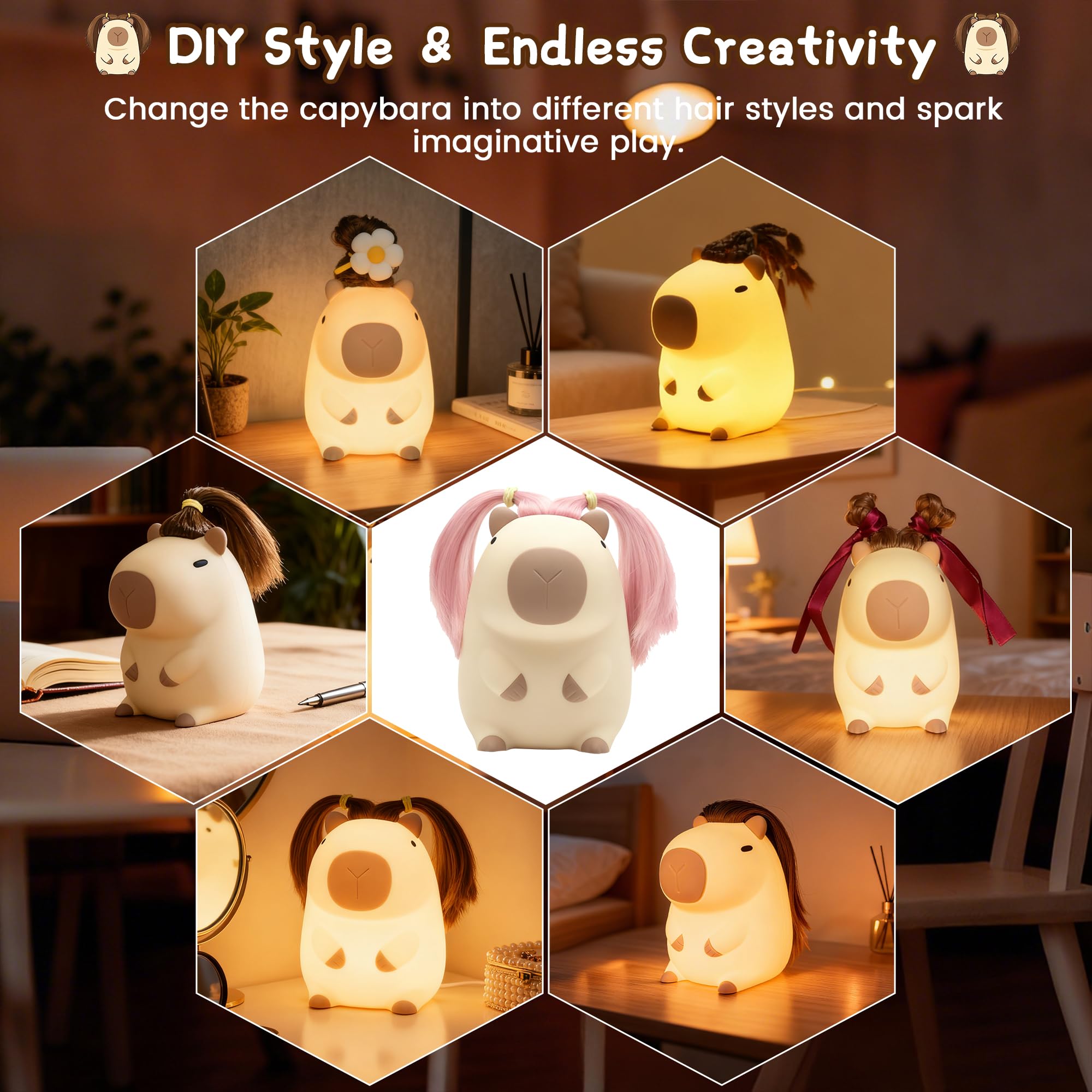 FAMIDUO capybara night light wig-design detail supports DIY styling for kids