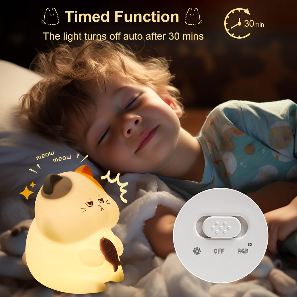 FAMIDUO Greedy Cat Night Light rechargeable via USB for cordless nighttime use.