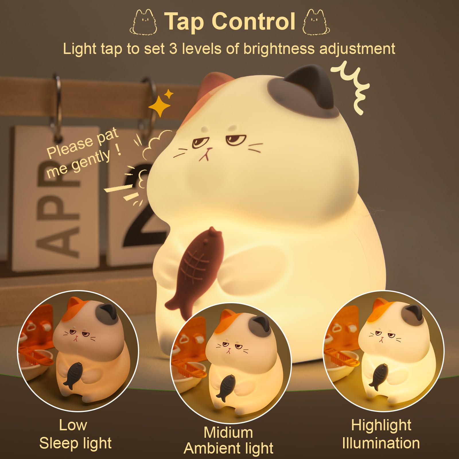 FAMIDUO Greedy Cat Night Light warm 3000-3500K glow protects eyes.