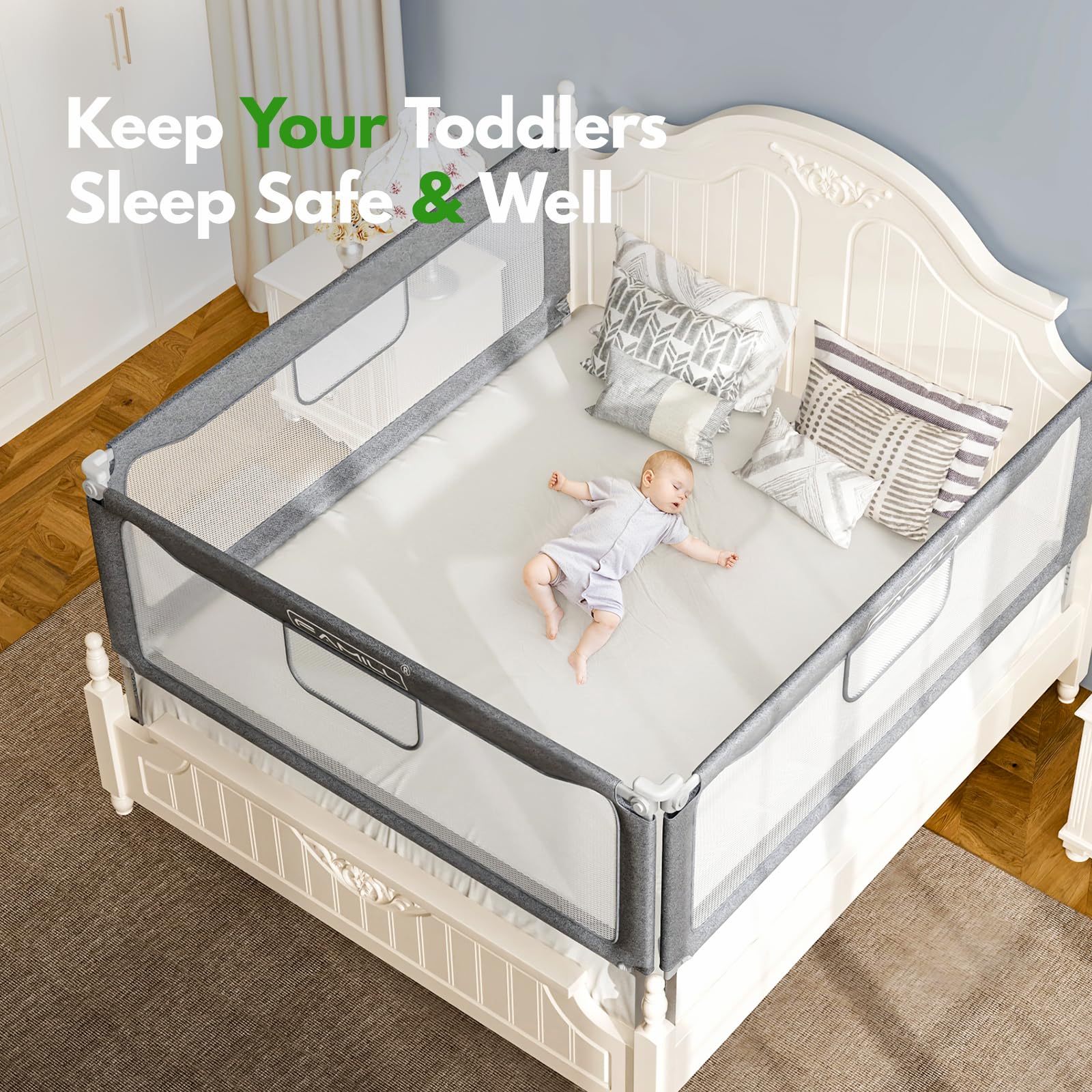 FAMILL bed rail in-use on a bed with child for side protection