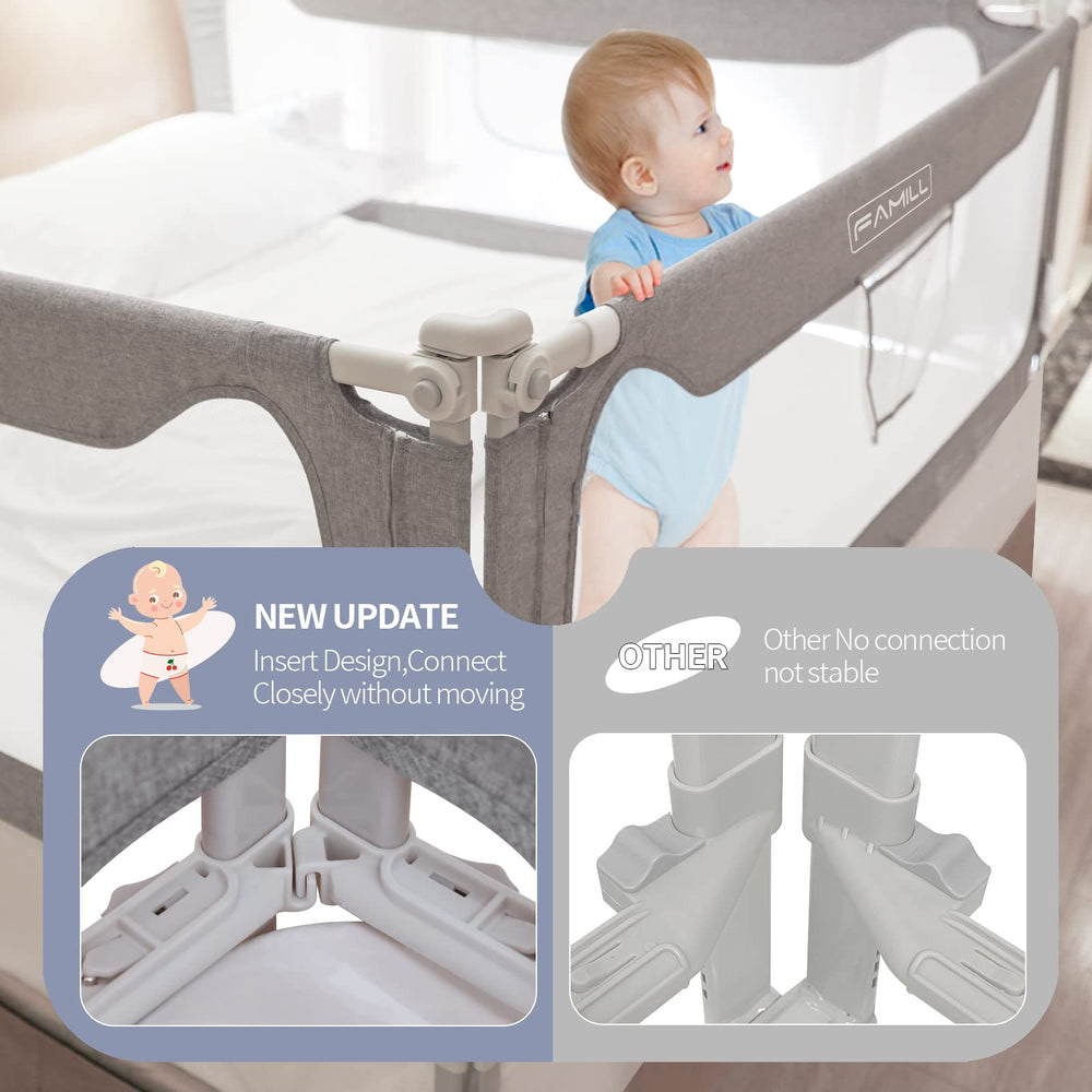 FAMILL bed rail in queen-size setup demonstrating secure contact with the mattress.