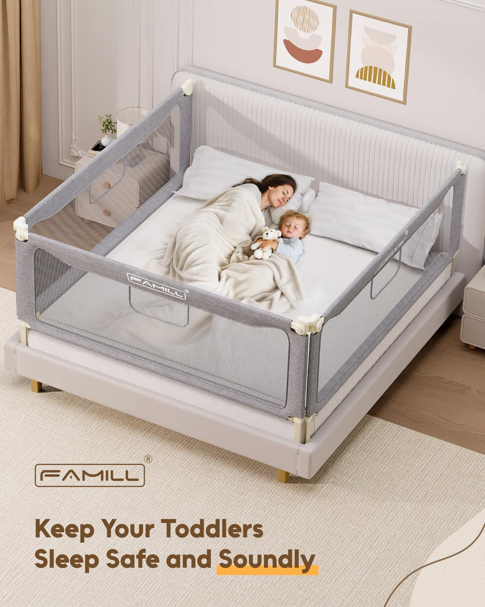 FAMILL bed rail toddlers press-fit against mattress minimizes slipping and wobble.