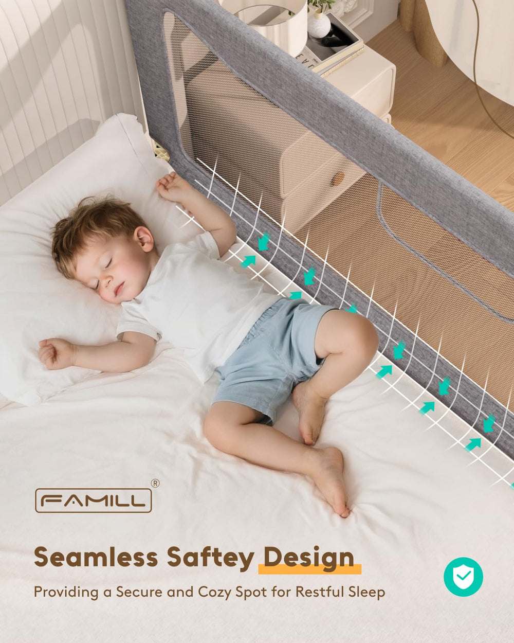 FAMILL bed rail toddlers secure-sleep-barrier promotes calm nights and safer transitions.