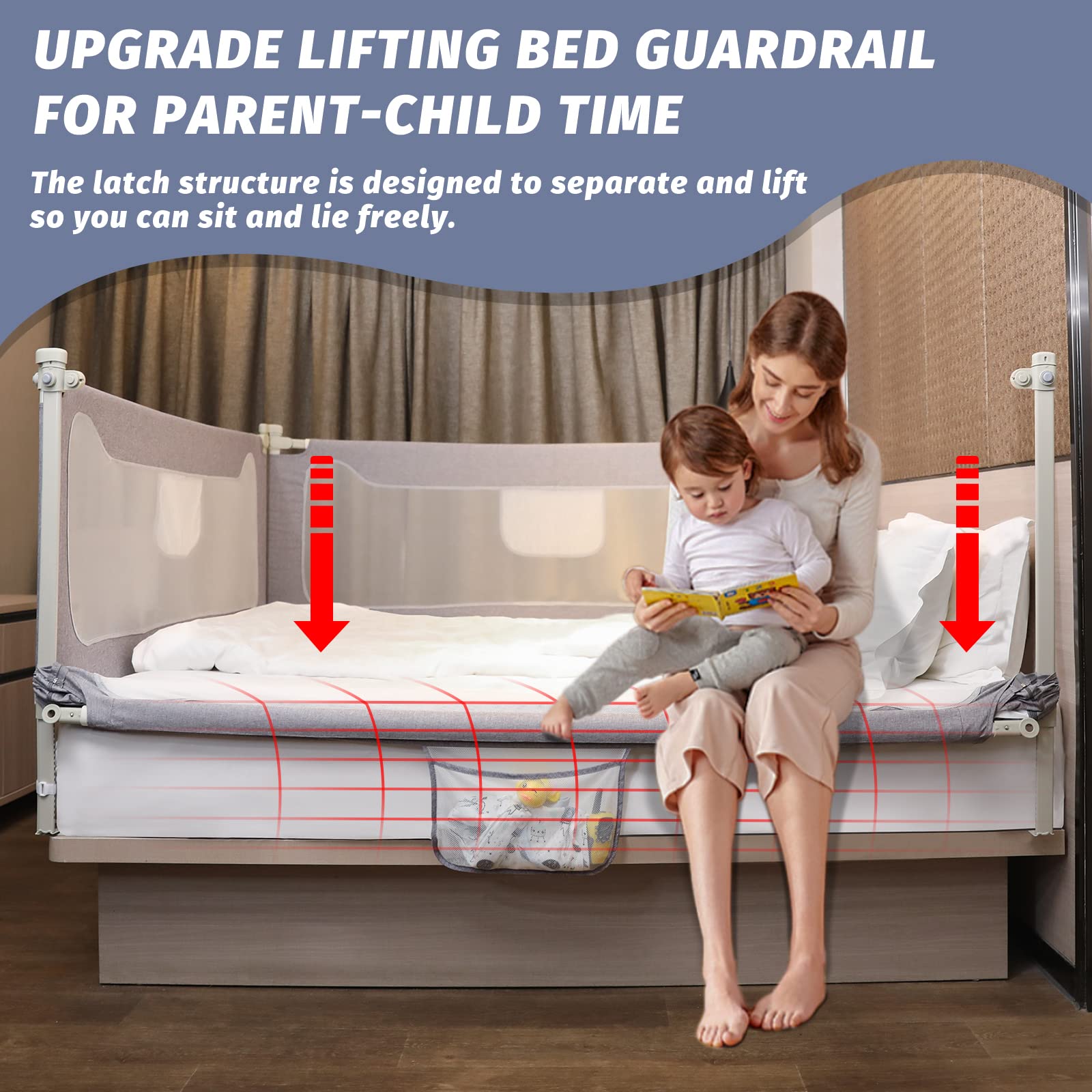 FAMILL bed rail tool-free installation image illustrating quick, drill-free setup.