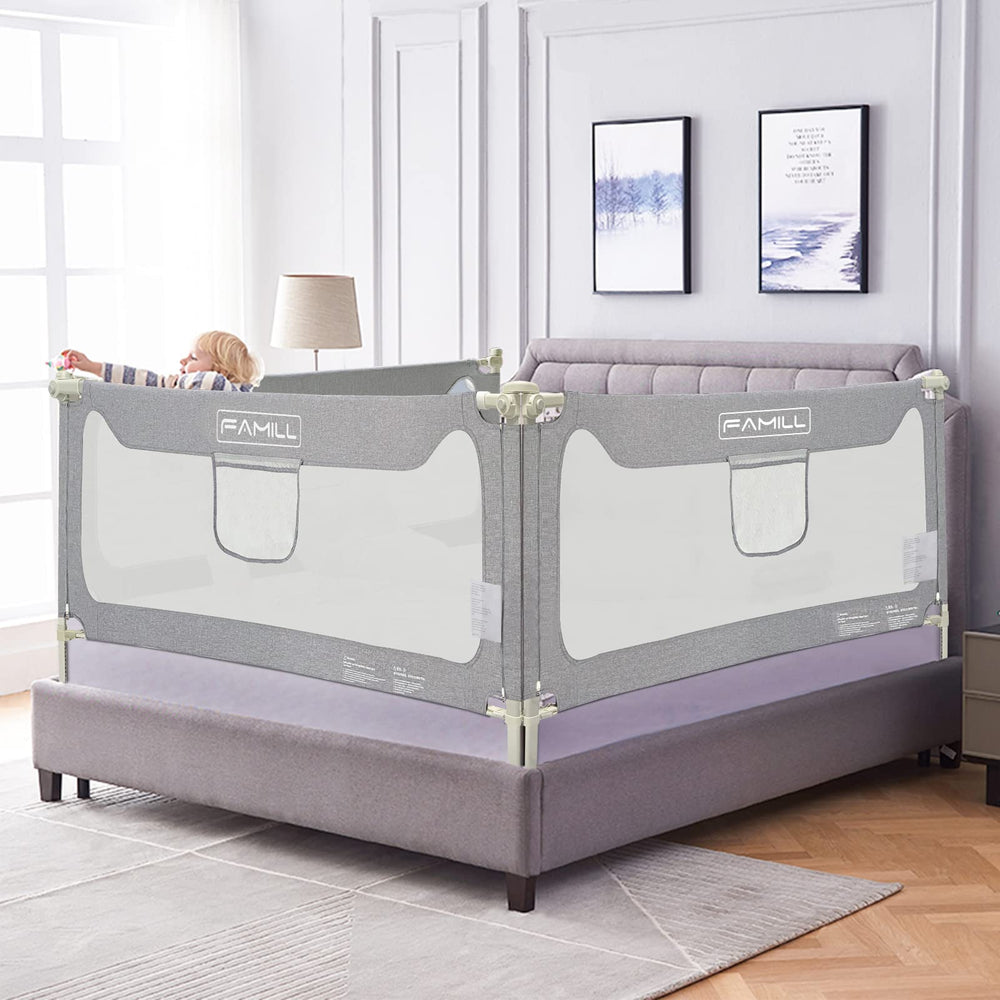 FAMILL bed rail with U-base setup showing stable anchoring against the mattress.