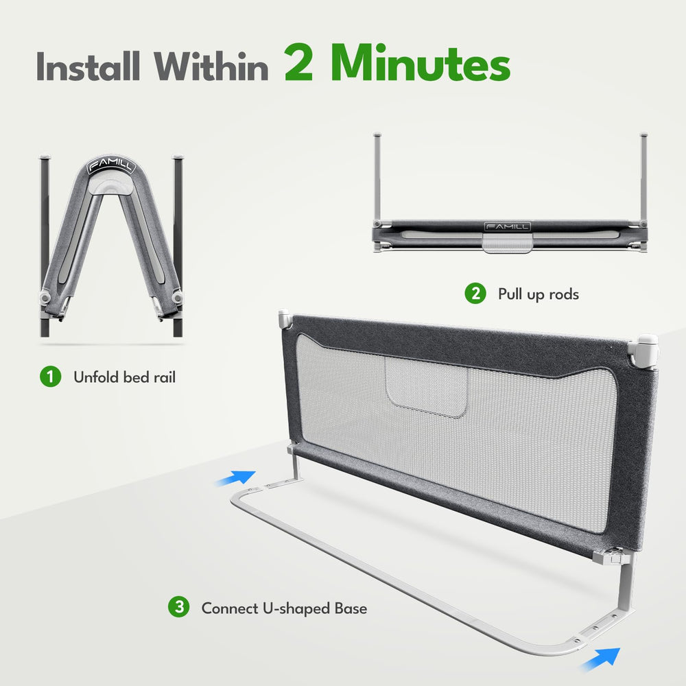 FAMILL bed rail U-shaped base close-up showing stability against mattress
