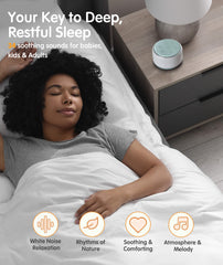 FamiSym slate showcasing 34 soothing sounds, including white noise and lullabies for sleep.