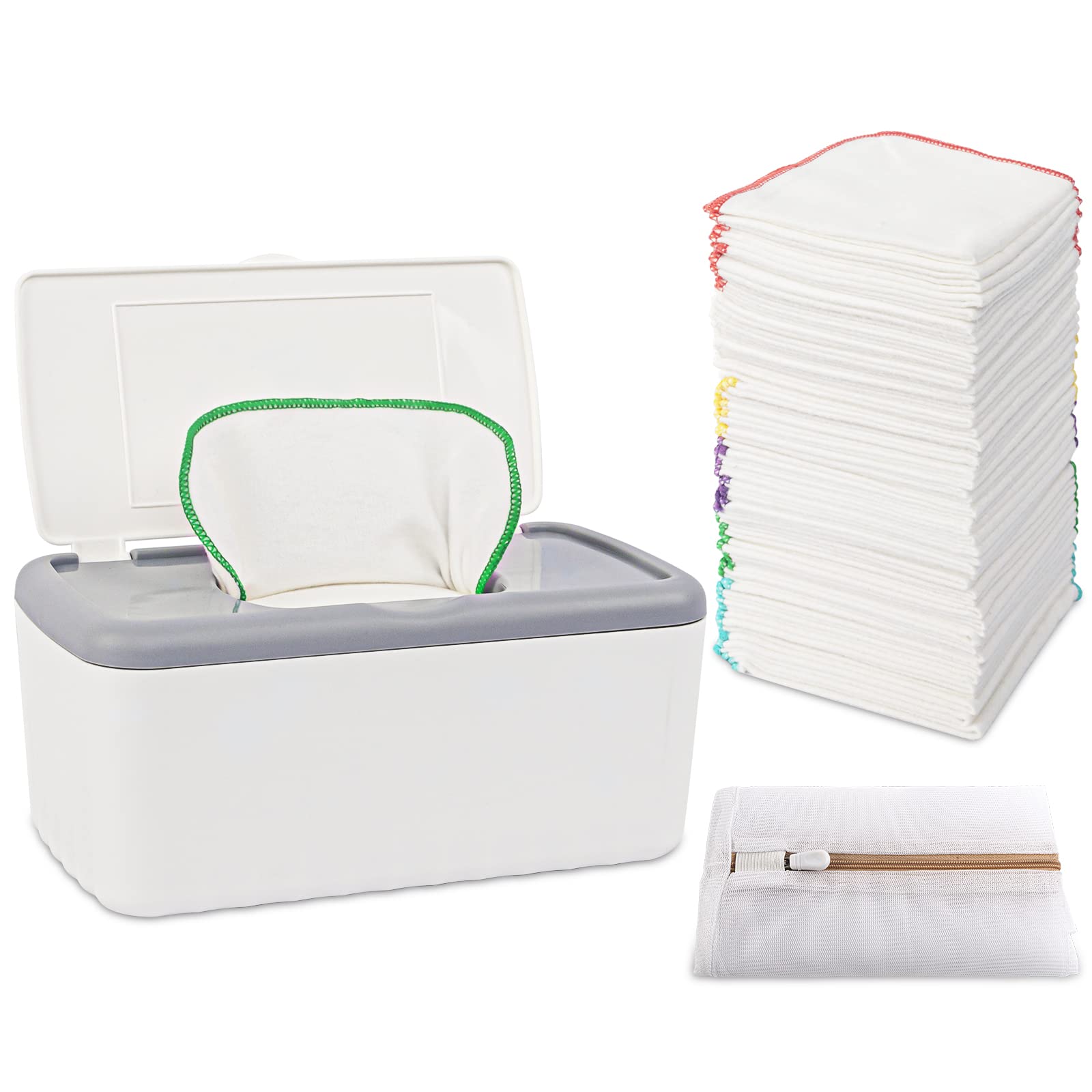 Famoplay 54-pack flannel wipes dispenser keeps wipes organized for quick changes.