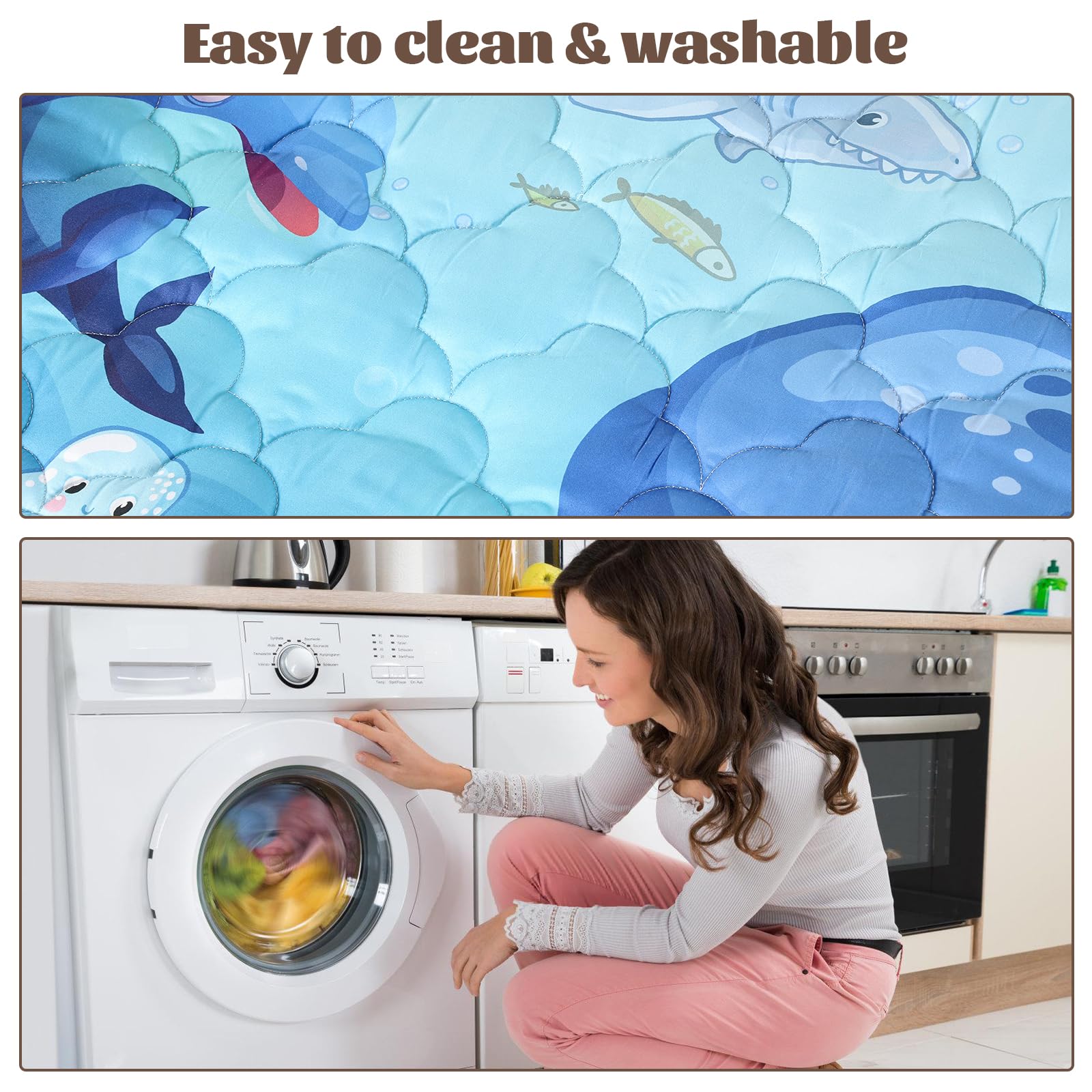 FAMOPLAY Machine-washable baby mat for easy cleaning after spills.