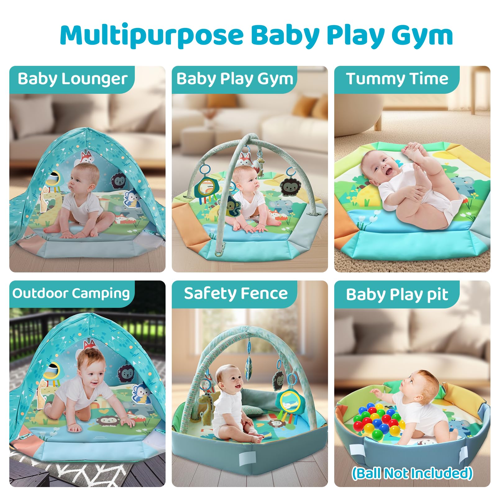 Detachable animal toys and mirror support sensory development.