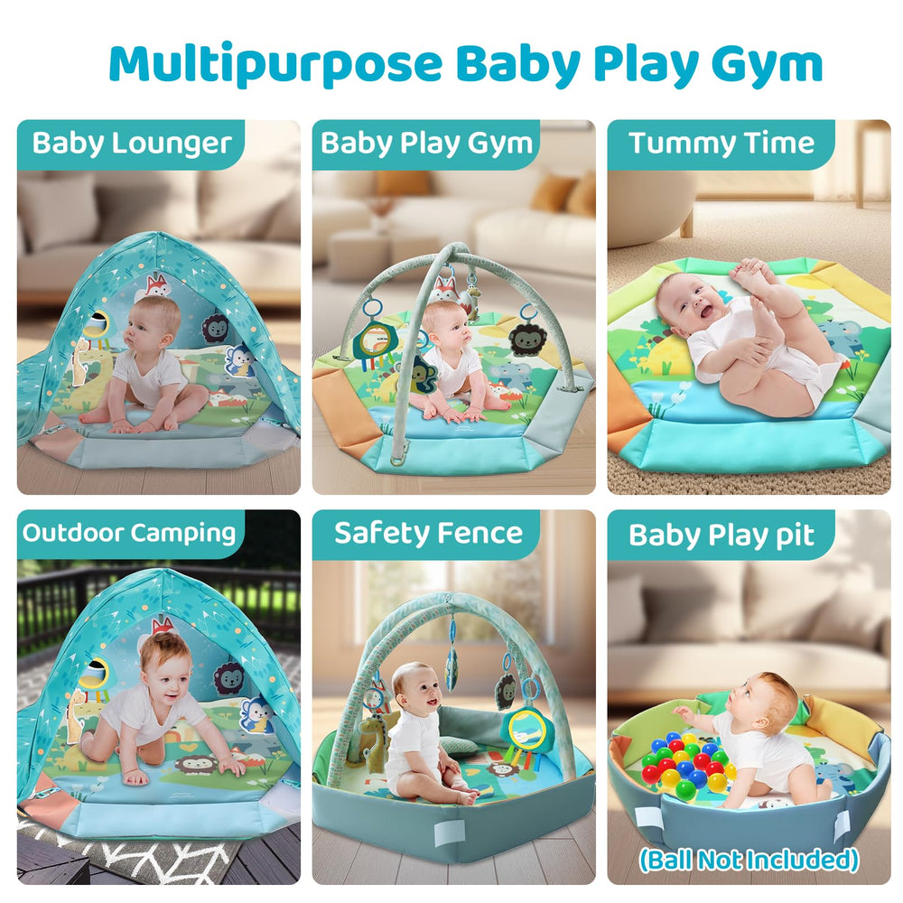 Detachable animal toys and mirror support sensory development.