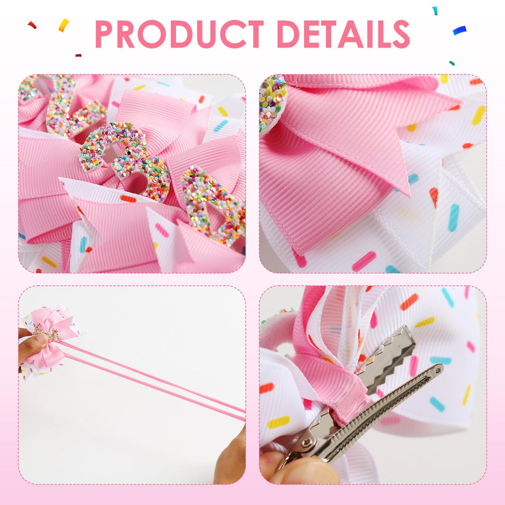 Fancheer Birthday Hair Bow donut-detail with glitter, adds sweet charm to outfits.