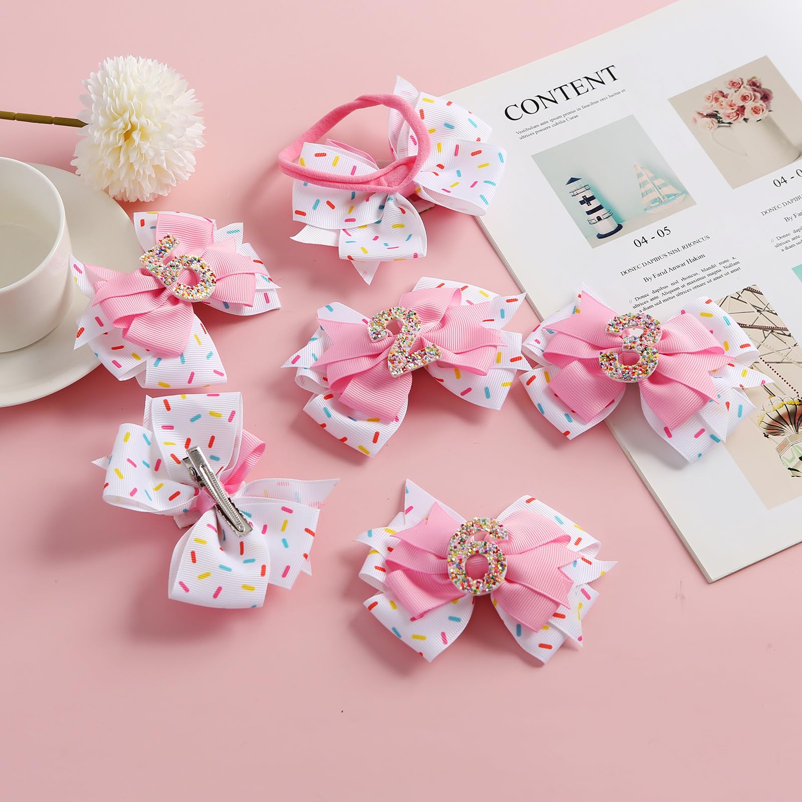 Fancheer Birthday Hair Bow pink-nylon-attachment image, shows easy wear for little girls.
