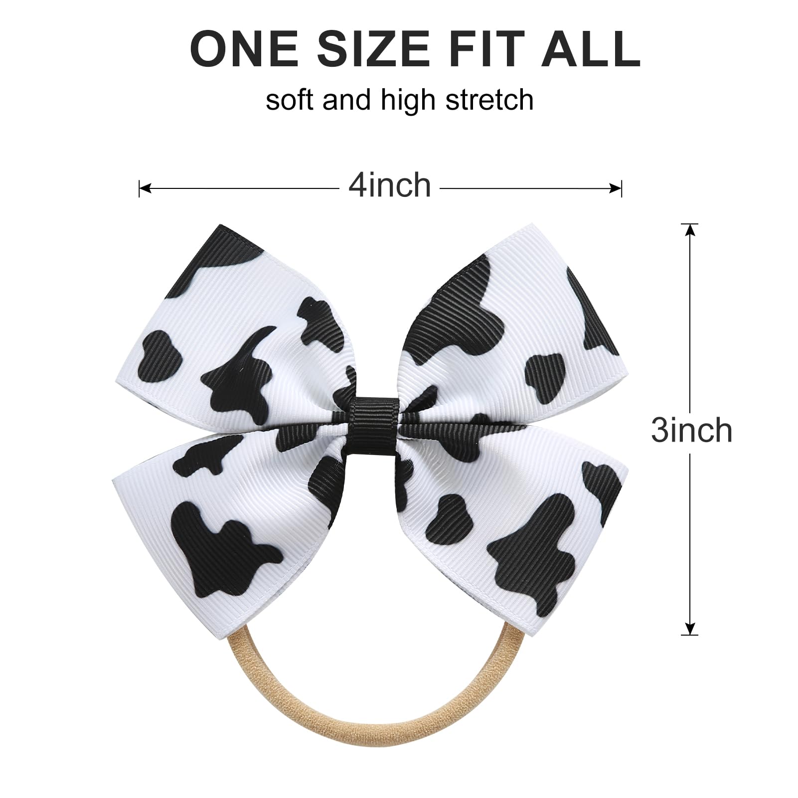 Fancheer cowprint bow close-up shows soft ribbon texture and gentle elastic