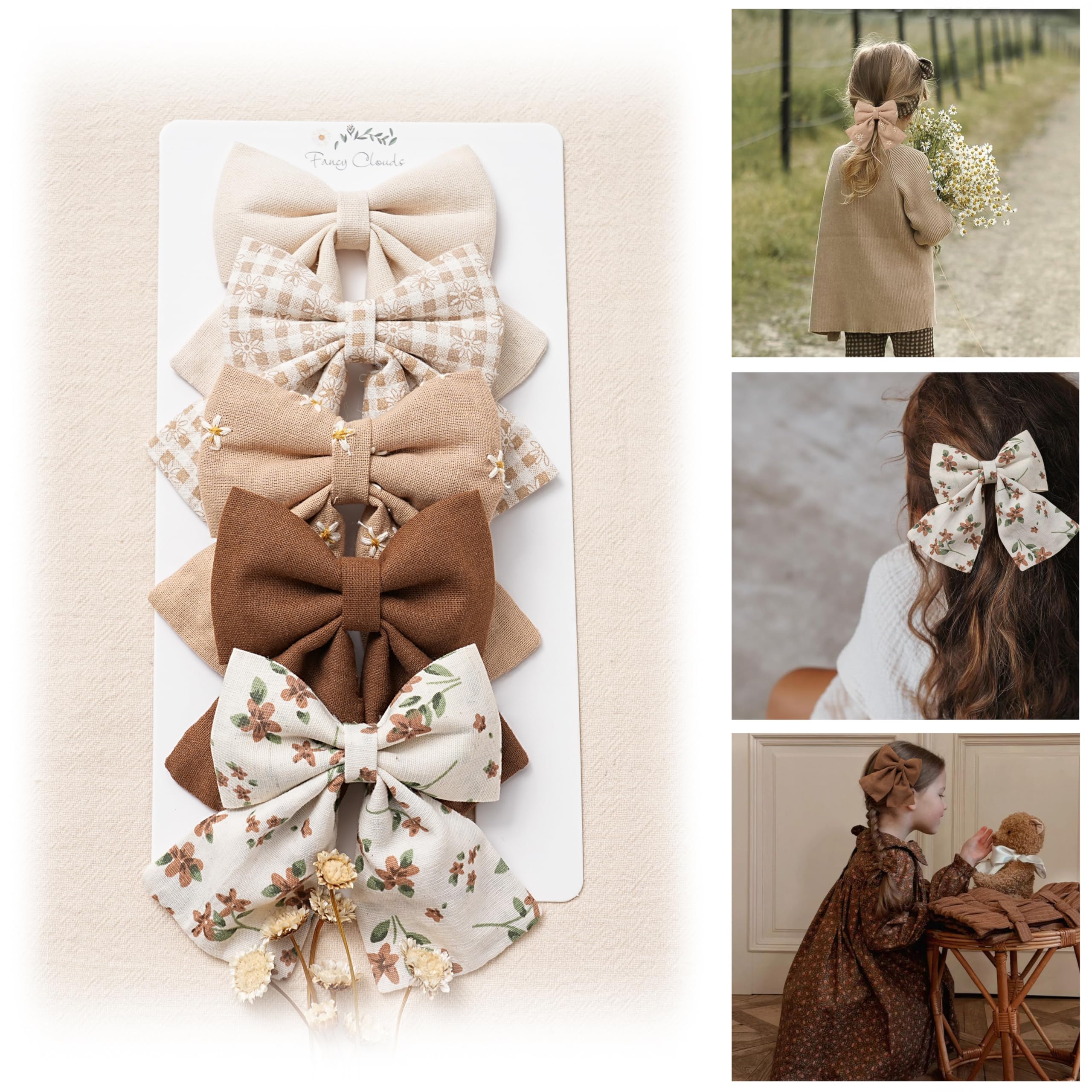 Fancy Clouds 5-inch flower print hair bows set, ready for everyday outfits and playful hairstyles.