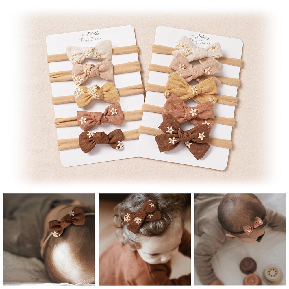 Fancy Clouds baby bows assortment in earth tones for everyday outfits.