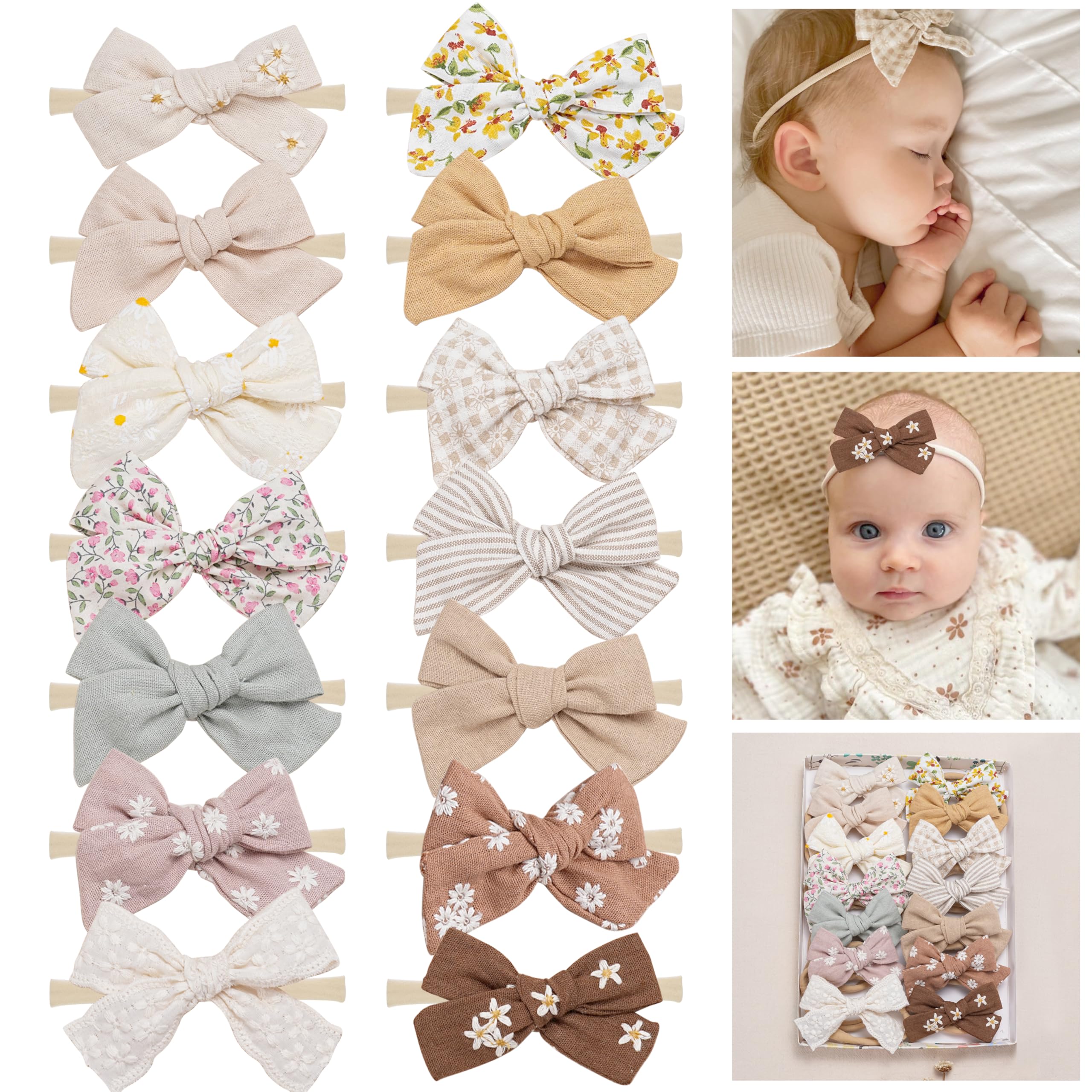 Fancy Clouds stretchy nylon headbands with handmade bows, gentle on baby’s head and comfortable for newborns.