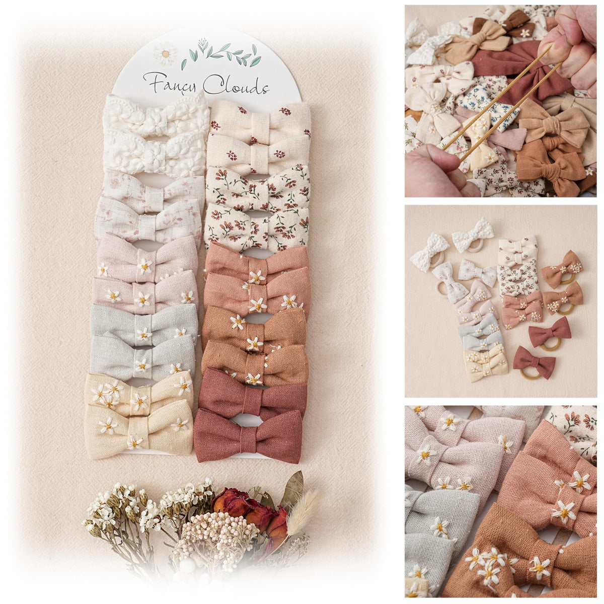 Fancy Clouds baby hair ties with 2in linen bows closeup highlights soft texture and gentle hold