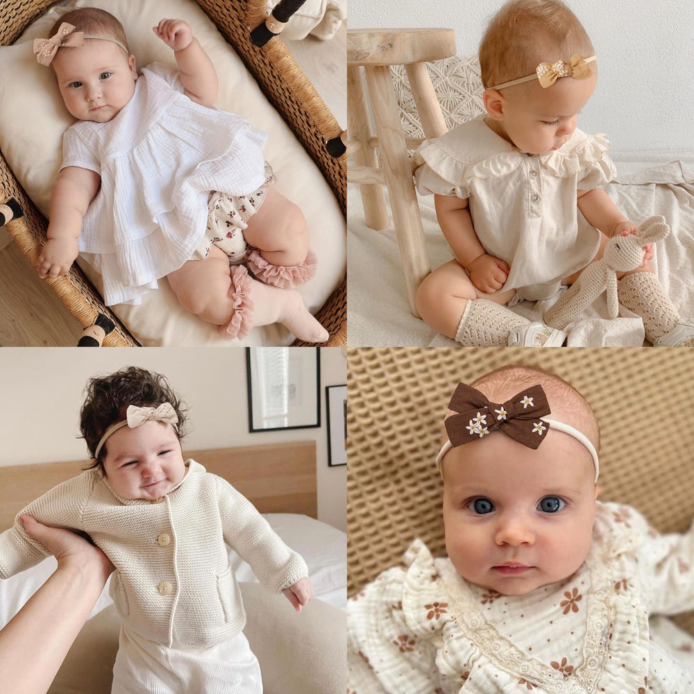 Fancy Clouds bow detail with embroidery adds unique charm to newborn outfits.