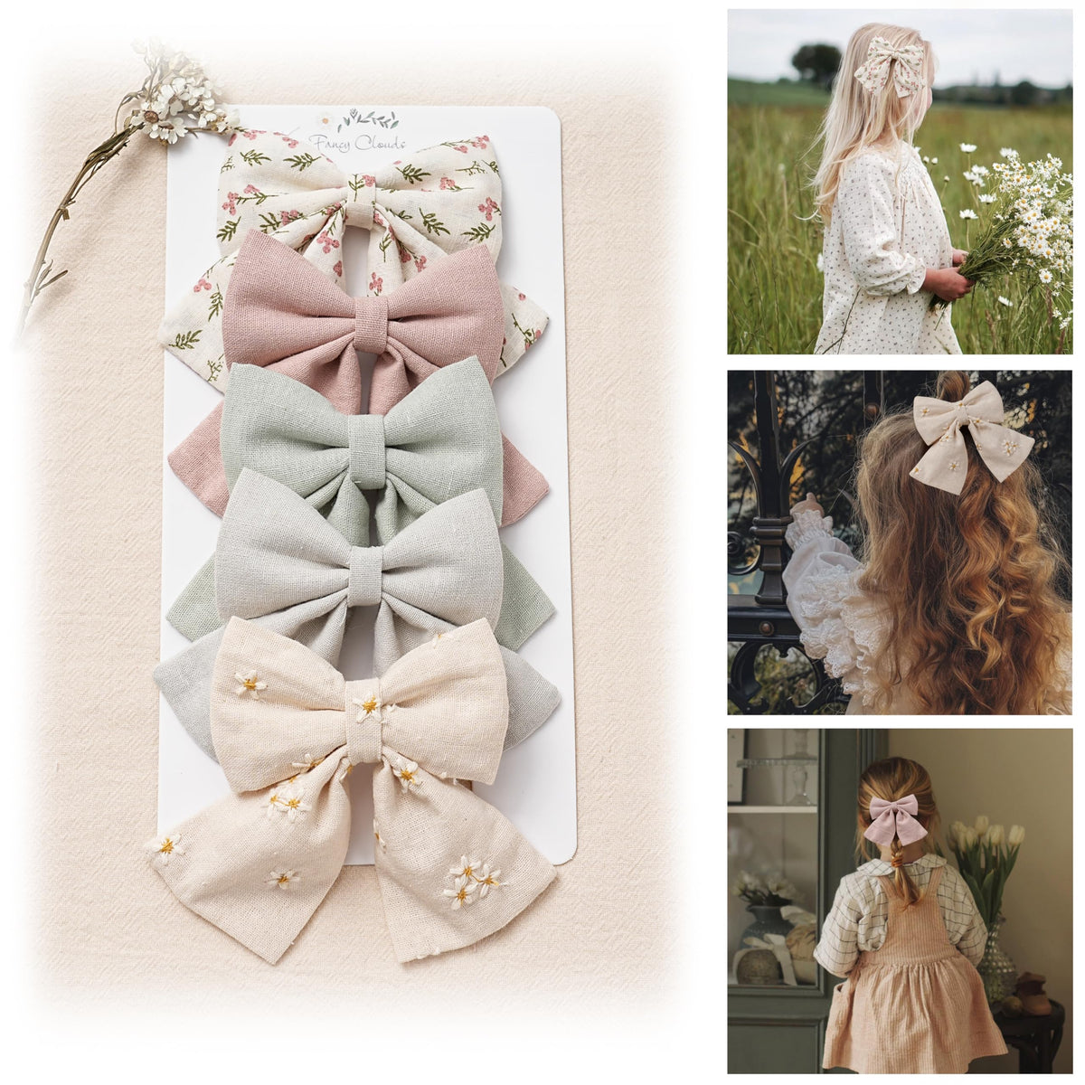 Fancy Clouds 5-piece bow set with clips for stylish everyday outfits.