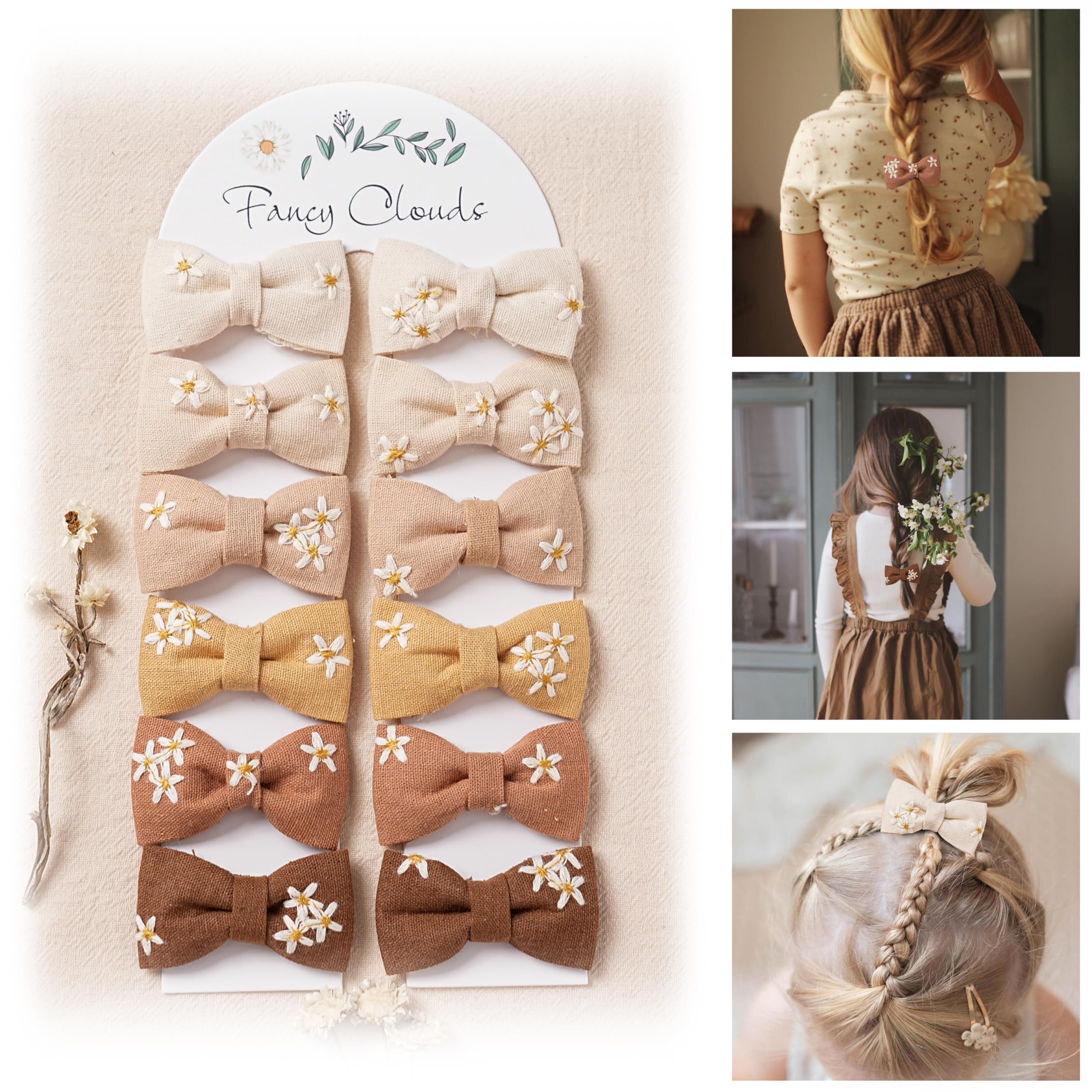 Fancy Clouds daisy bows 12pcs image shows earthy tones and gentle hold for kids