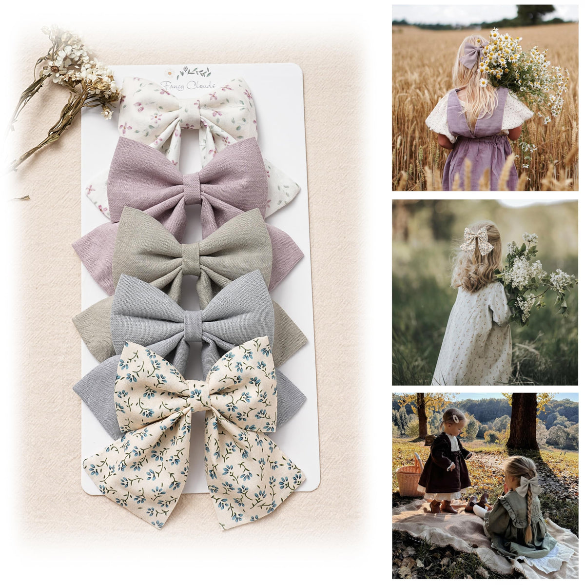Fancy Clouds 5-inch flower-embroidered bows set for easy outfit coordination
