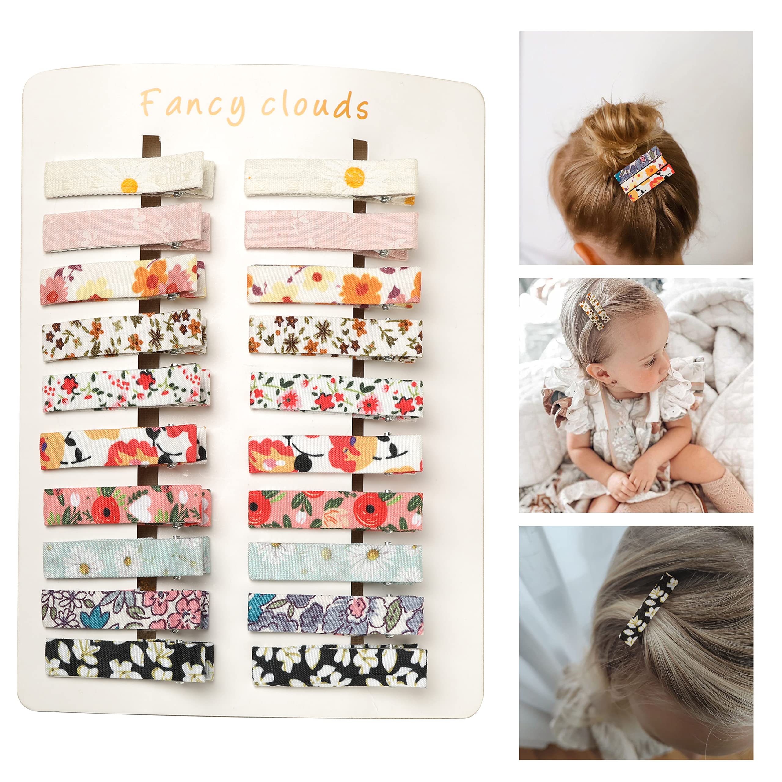 Fancy Clouds hair clip with a daisy pattern provides secure fabric-covered grip for all-day wear.