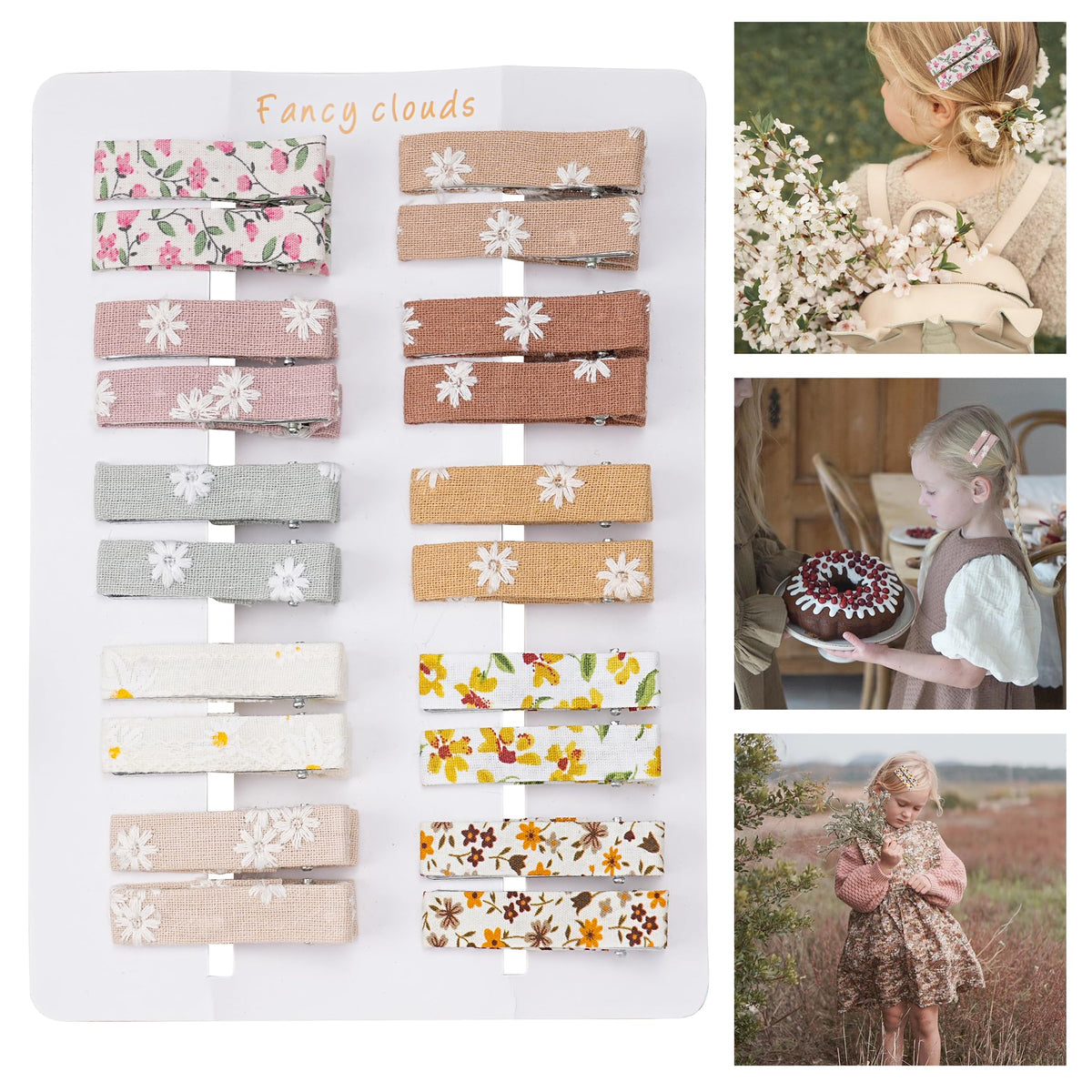 Fancy Clouds flower-pattern clips with fabric lining provide secure grip for all ages