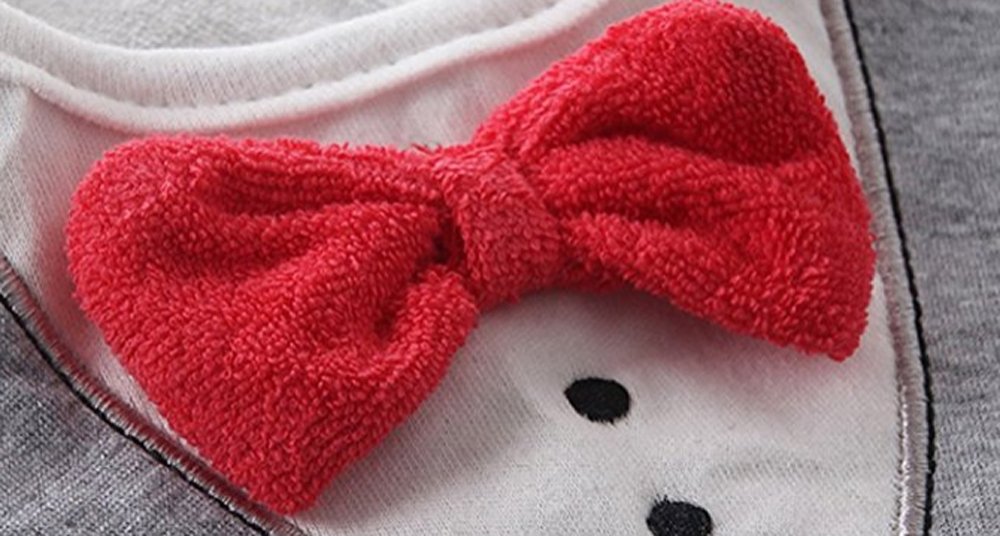 FancyBibs three-dimensional bows on bib—cute detail and fabric protection.