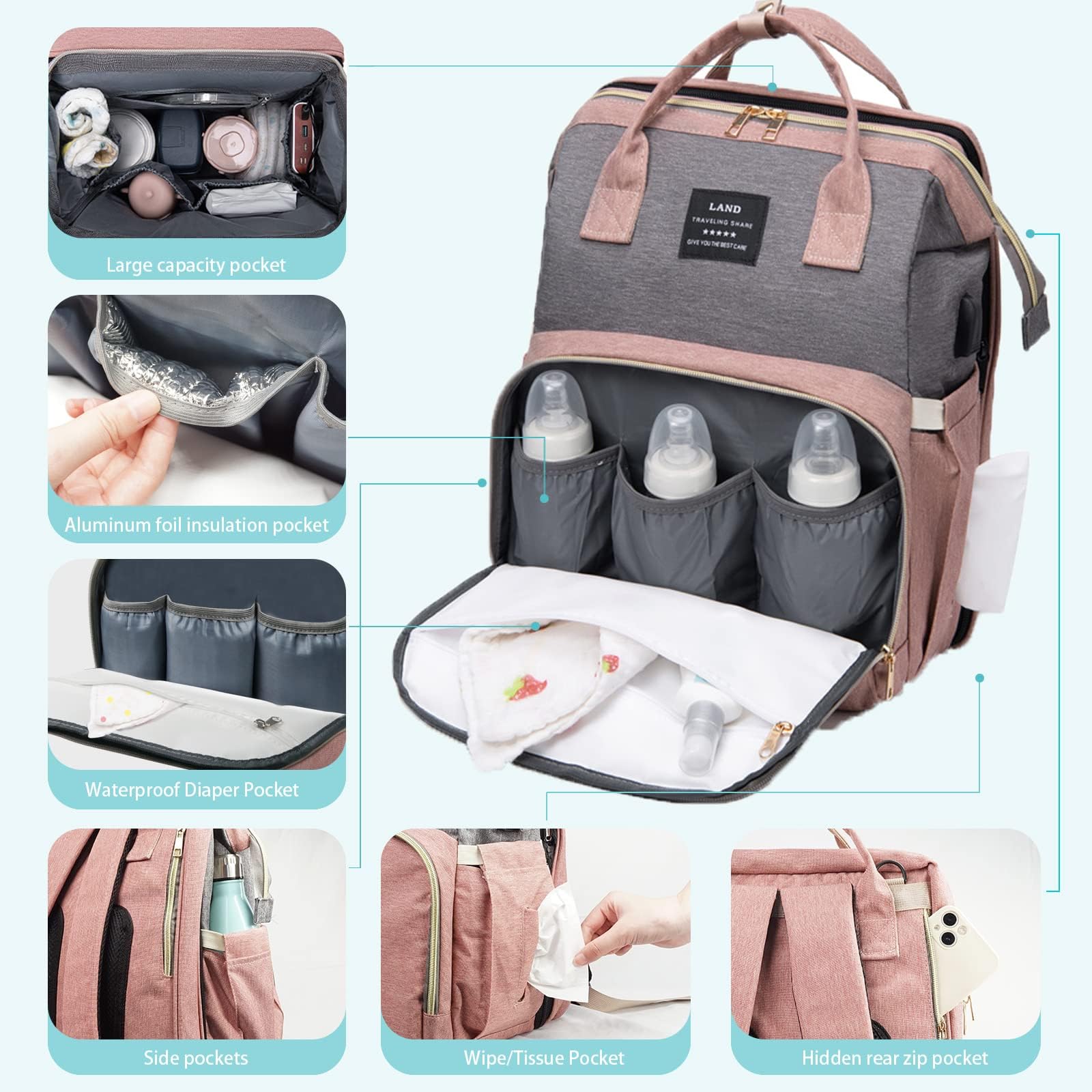 Fandiar diaper bag waterproof oxford cloth protects gear in wet weather.