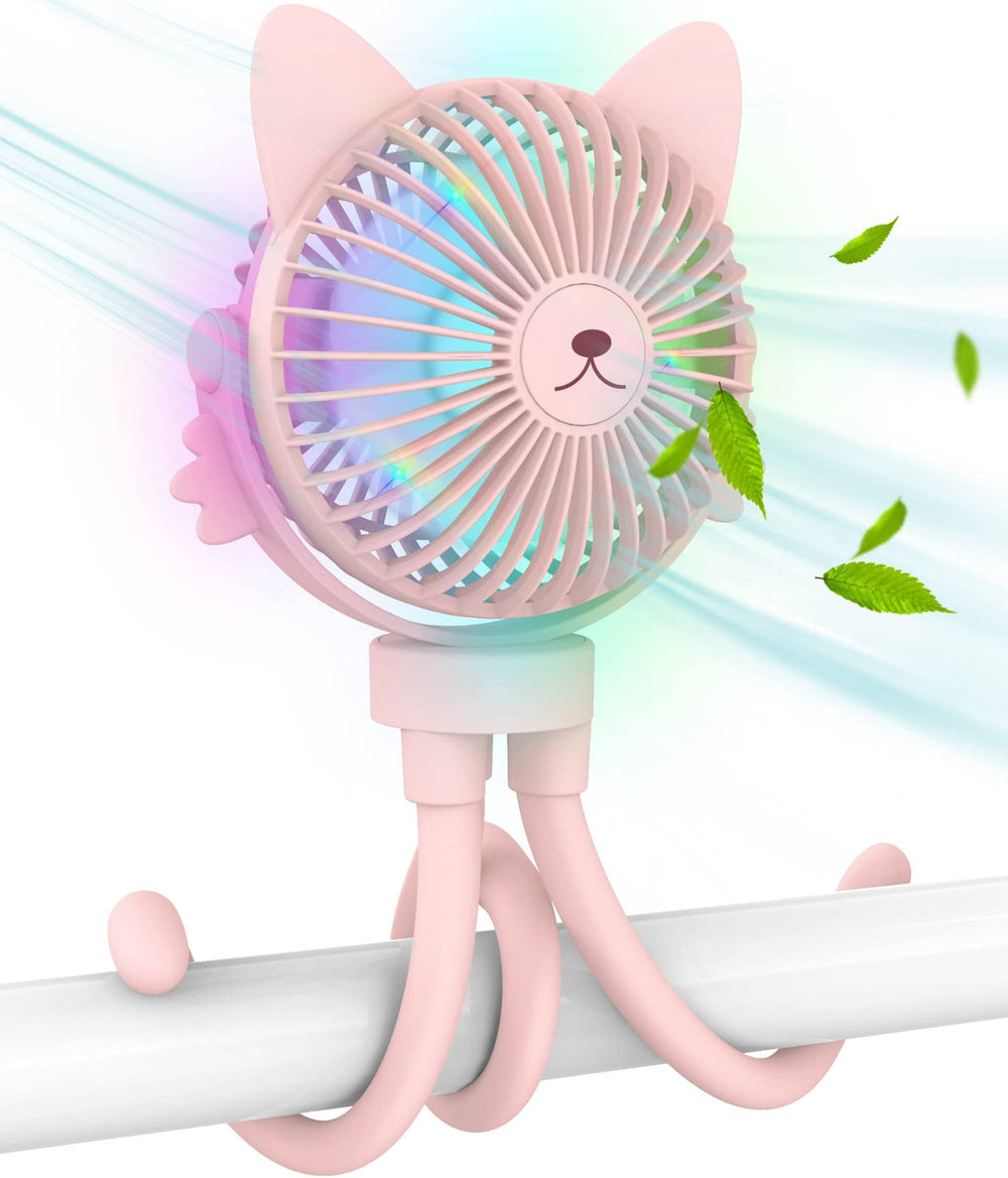 FANimal pink handheld portable stroller fan delivers a refreshing breeze on the go.