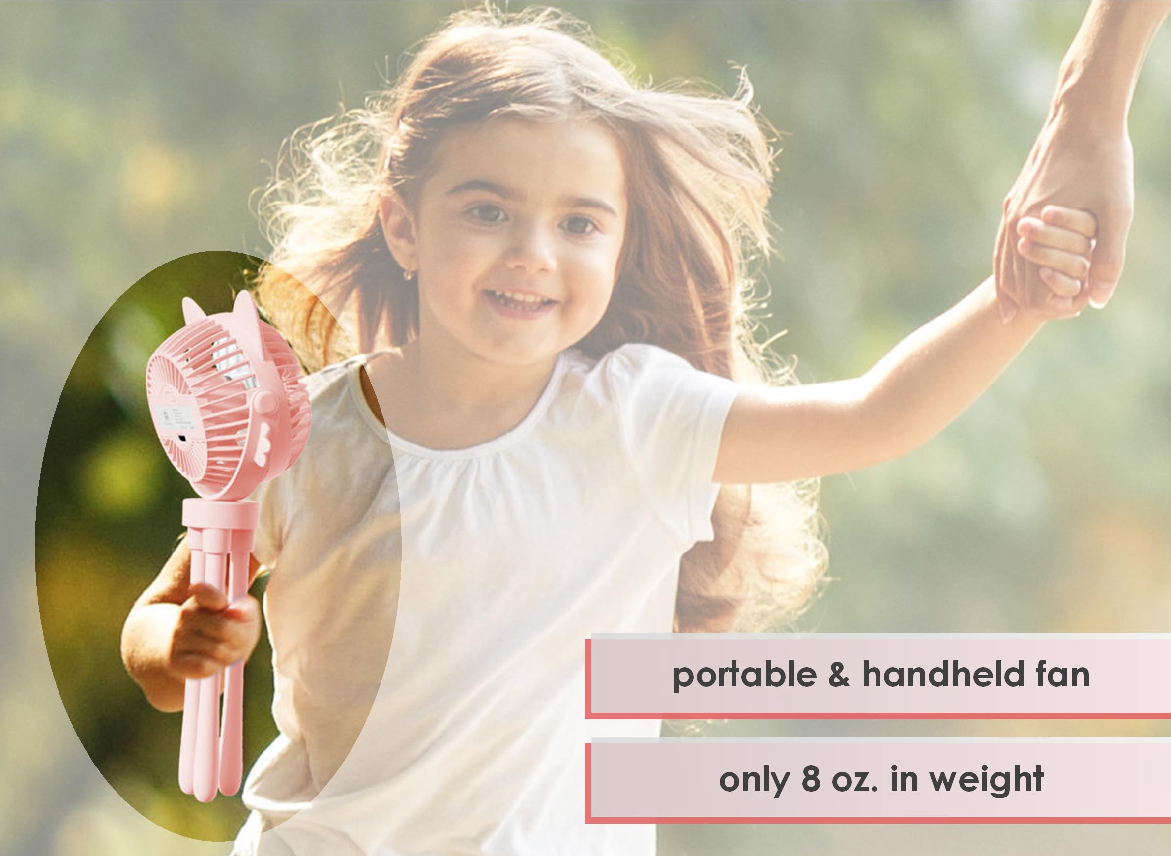 FANimal stroller fan with 360-degree rotation for flexible airflow direction.