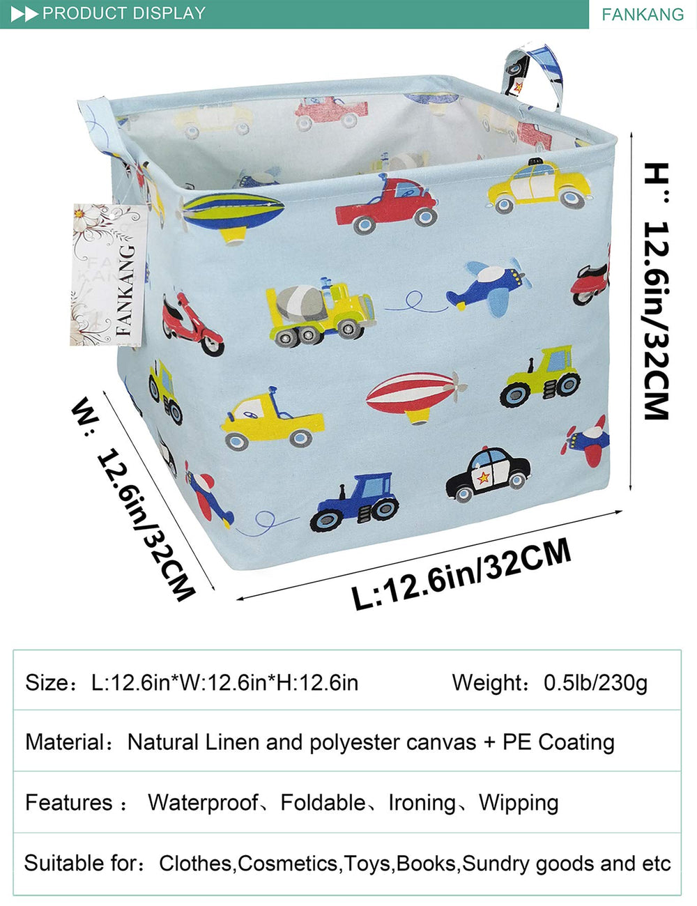 FANKANG square car hamper side view shows dual handles for easy toting.