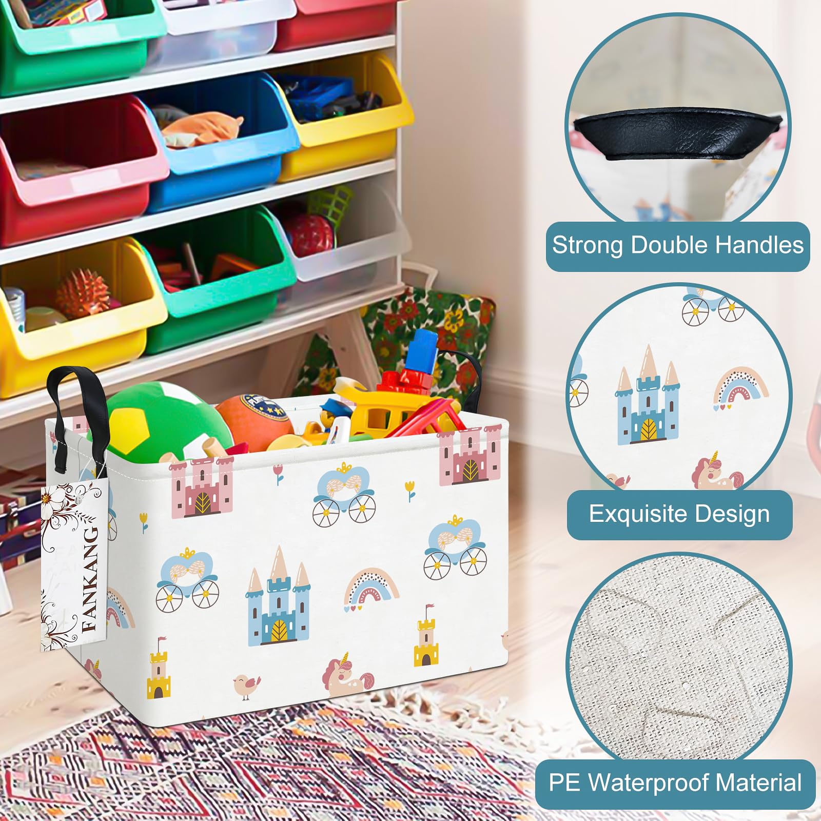 FANKANG storage bins in bedroom setup show versatile organization for towels and clothes.