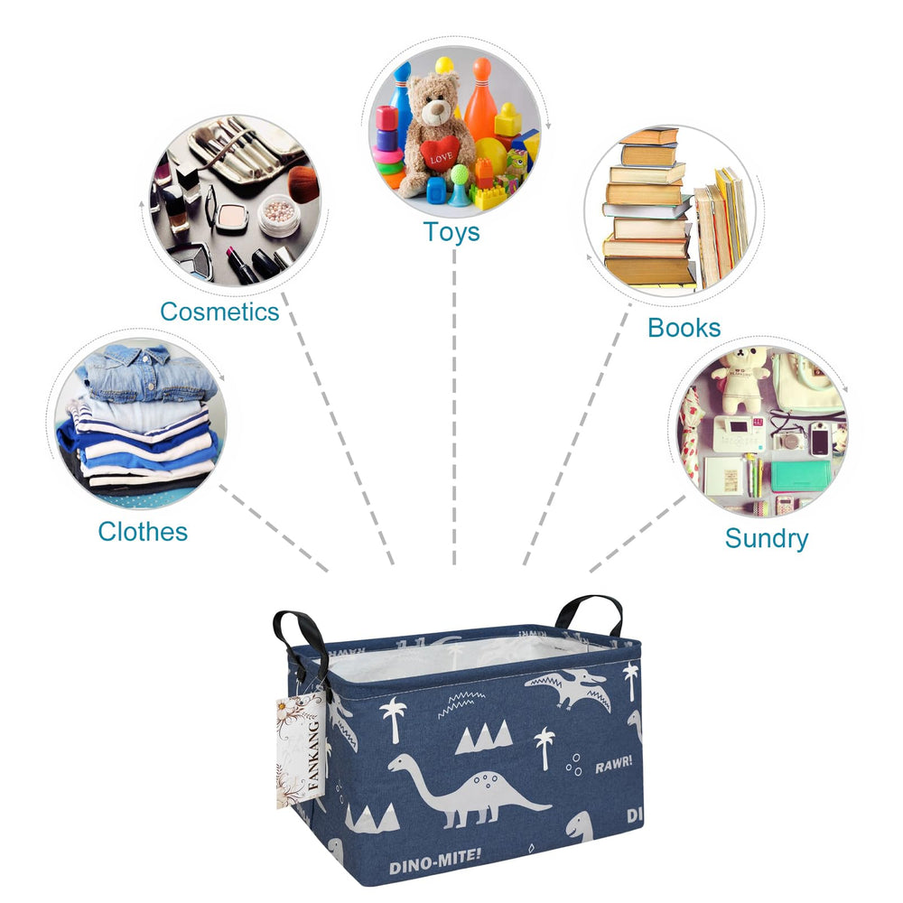 FANKANG rec-blue dinosaur basket as a kid-friendly toy and clothes hamper.