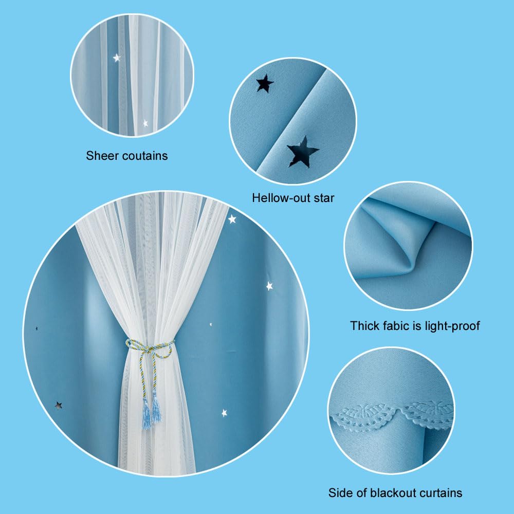 FANLI light-blue curtains with white sheers soften daytime brightness.