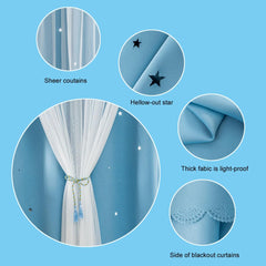 FANLI light-blue curtains with white sheers soften daytime brightness.