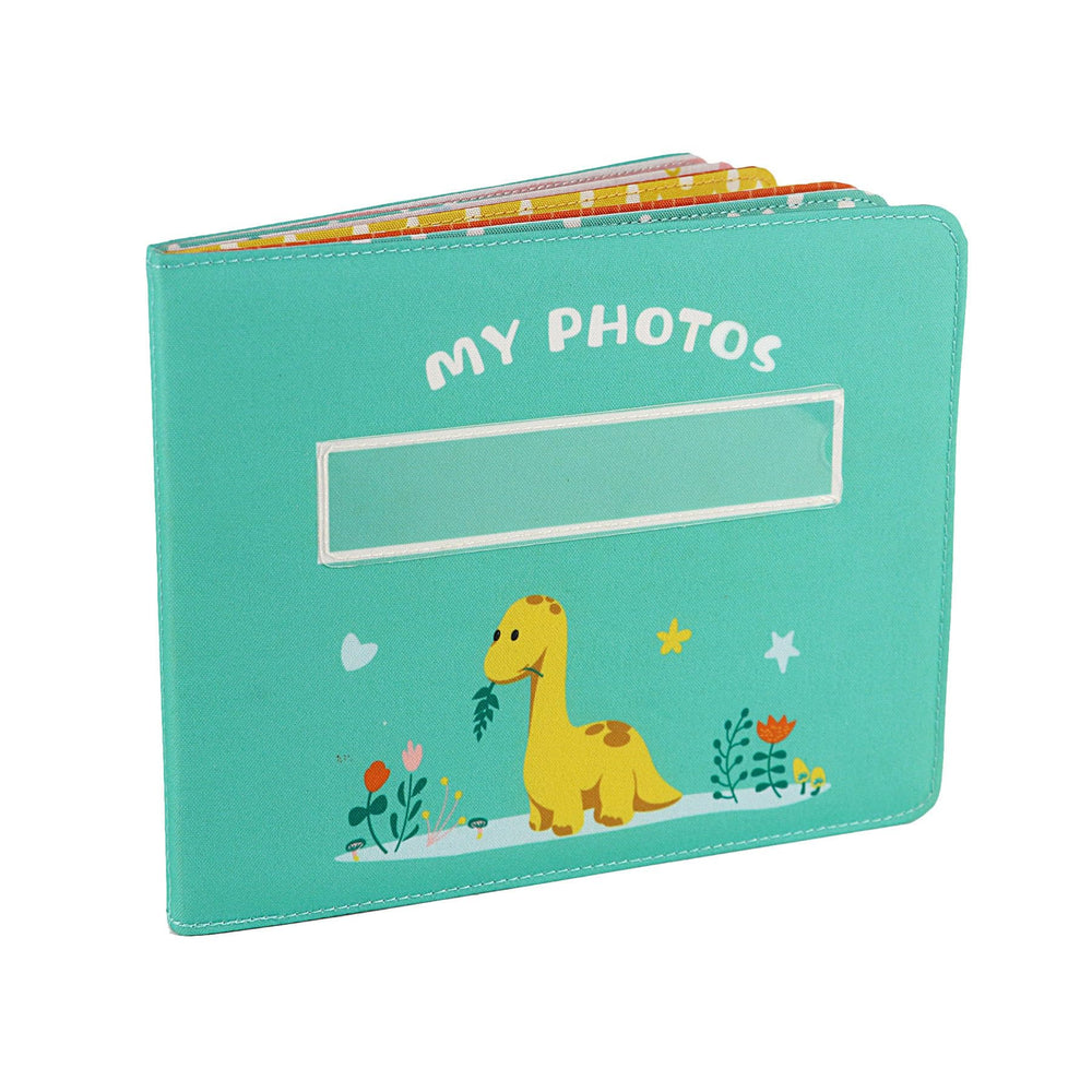 Fanna baby-first photo album cover with dinosaur theme showing soft fabric for gentle use.