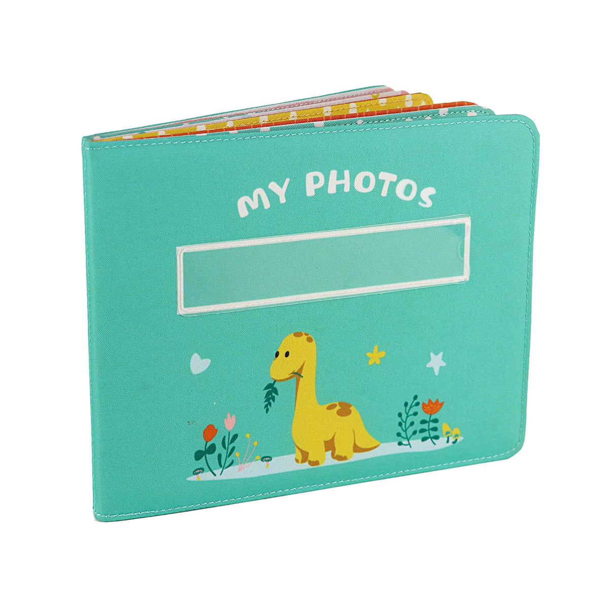 Fanna baby-first photo album cover with dinosaur theme showing soft fabric for gentle use.