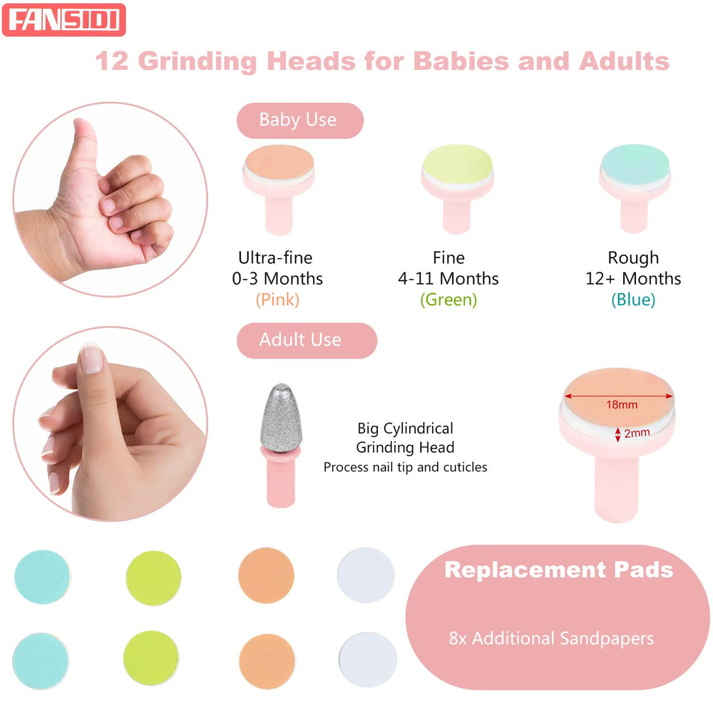 Fansidi green pads 4-11 months in use on tiny nails for safe baby filing.