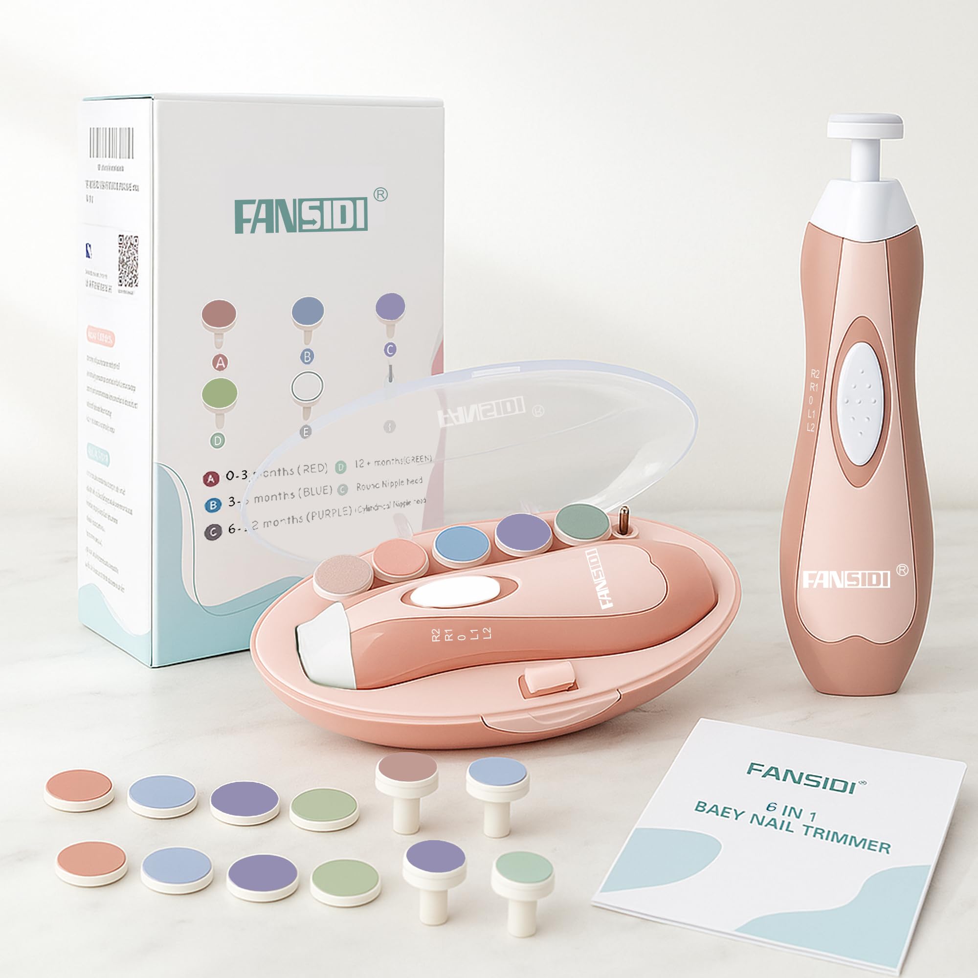 Fansidi baby nail trimmer in use on a newborn's nails for gentle filing