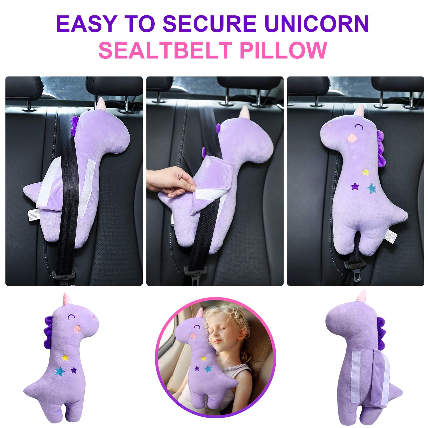 Farochy unicorn seatbelt pillow used as car seat decor for kids.
