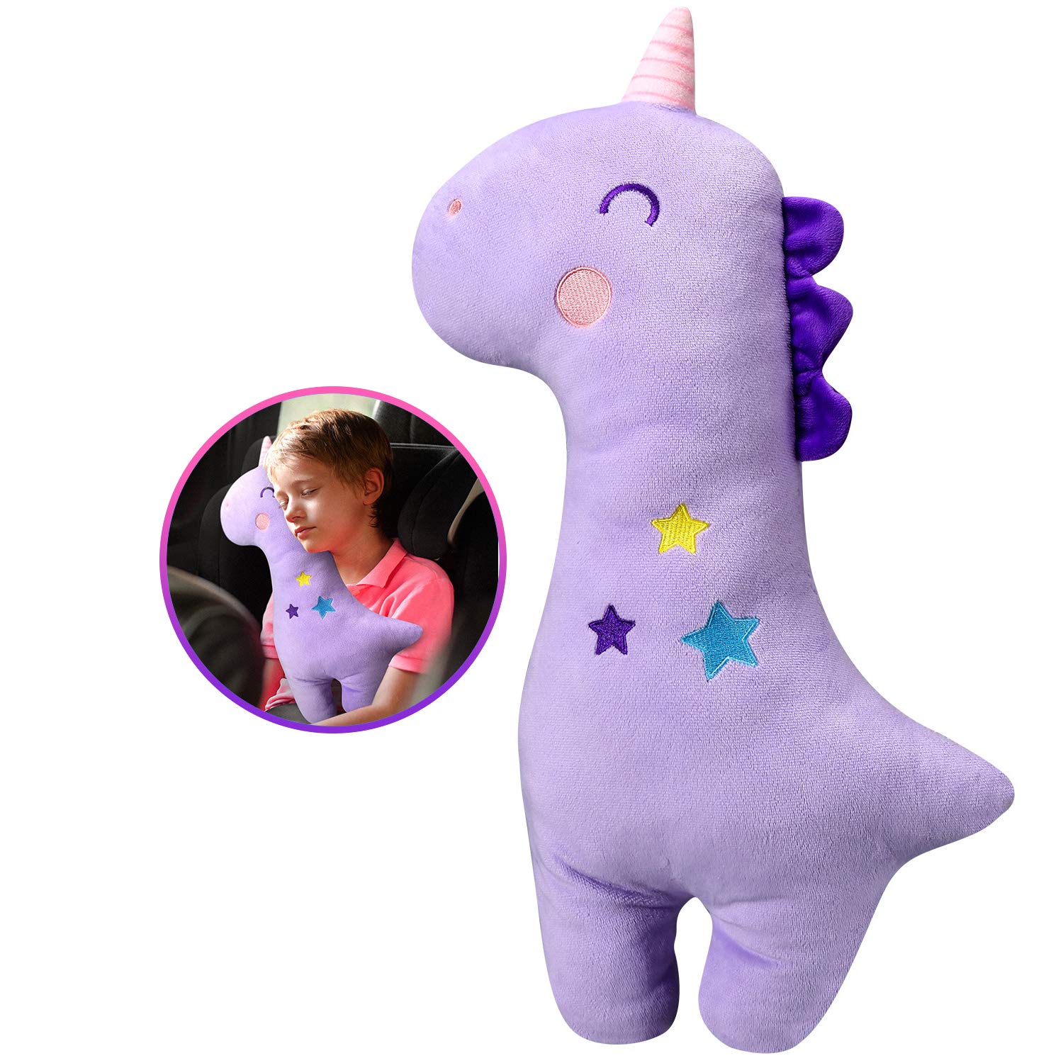 Farochy unicorn seatbelt pillow purple front view provides head support for long drives.