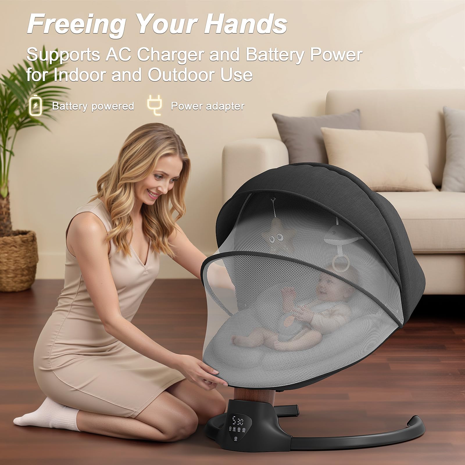 FasonBaby indoor-outdoor portable swing demonstrates versatile power options