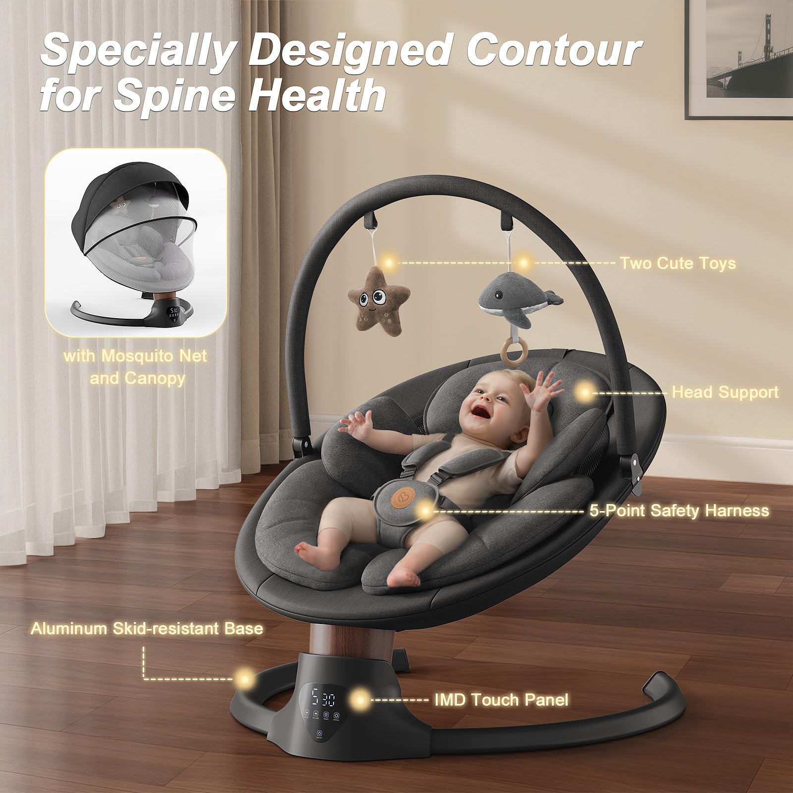 FasonBaby baby swing side view shows compact profile and five-speed settings for flexible soothing