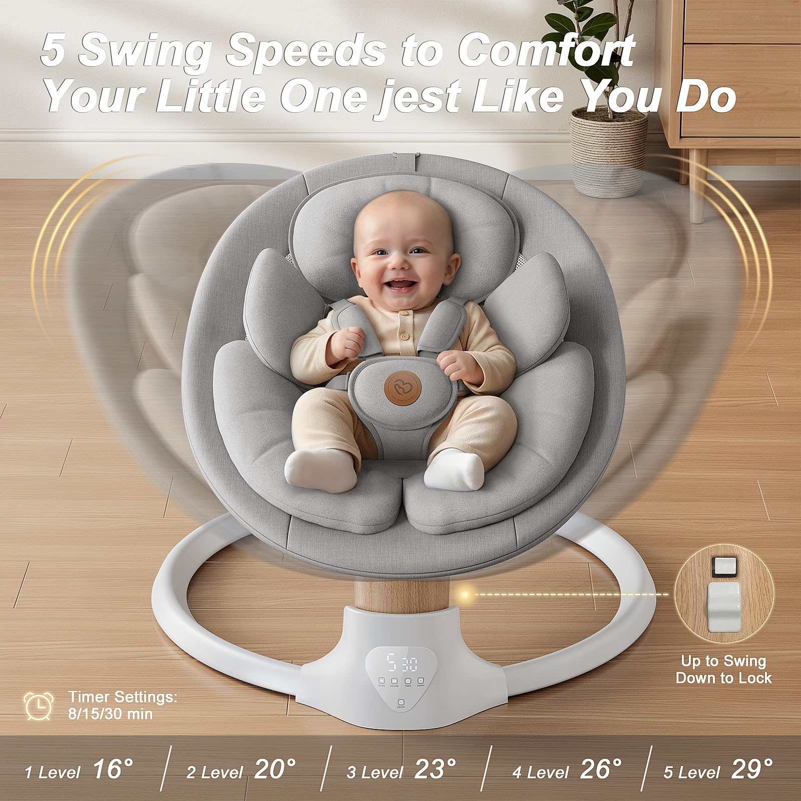 FasonBaby Bluetooth music speaker swing delivers calming melodies for a relaxed playtime.