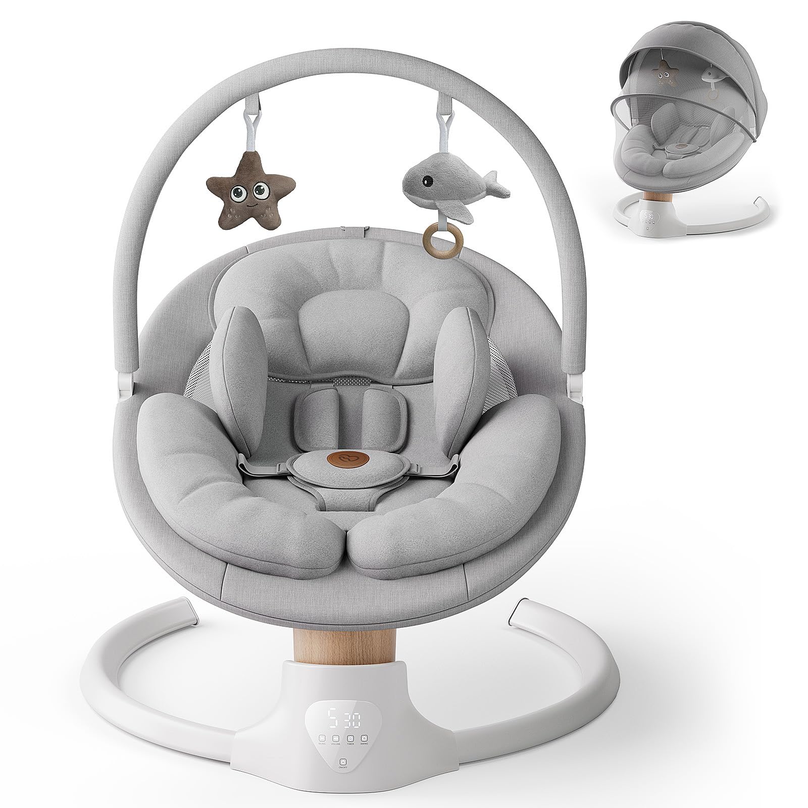FasonBaby electric baby swing gray with five speeds for gentle soothing at home or outdoors.