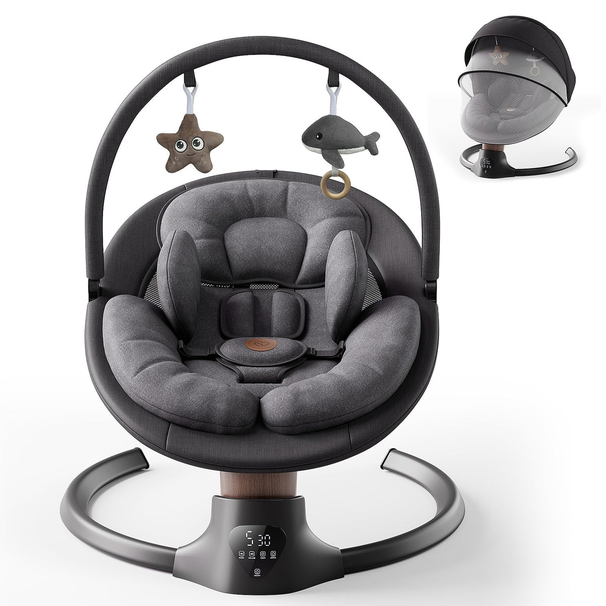 FasonBaby electric baby swing side view shows compact indoor-friendly design for easy setup